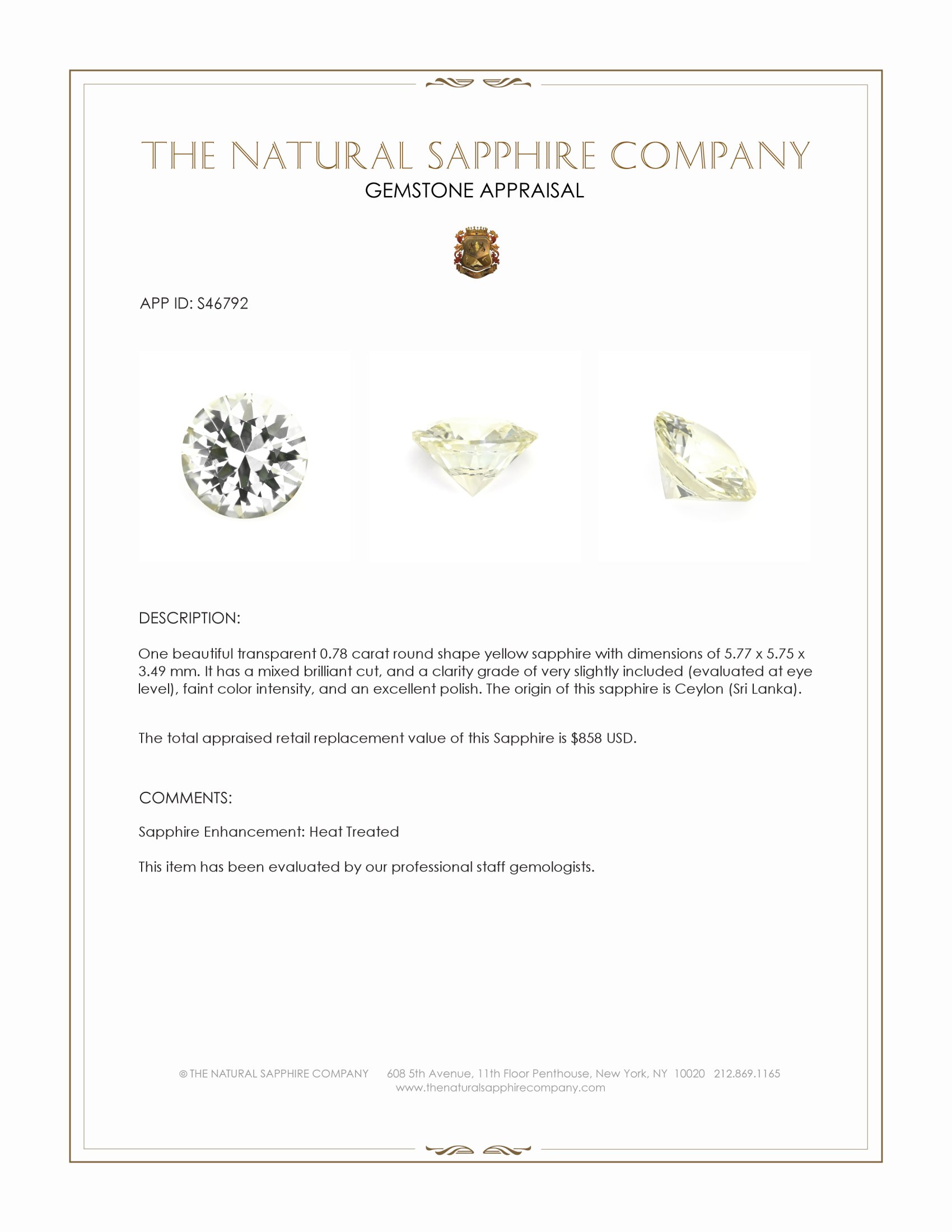 0.78 Ct. Yellow Sapphire from Ceylon (Sri Lanka)