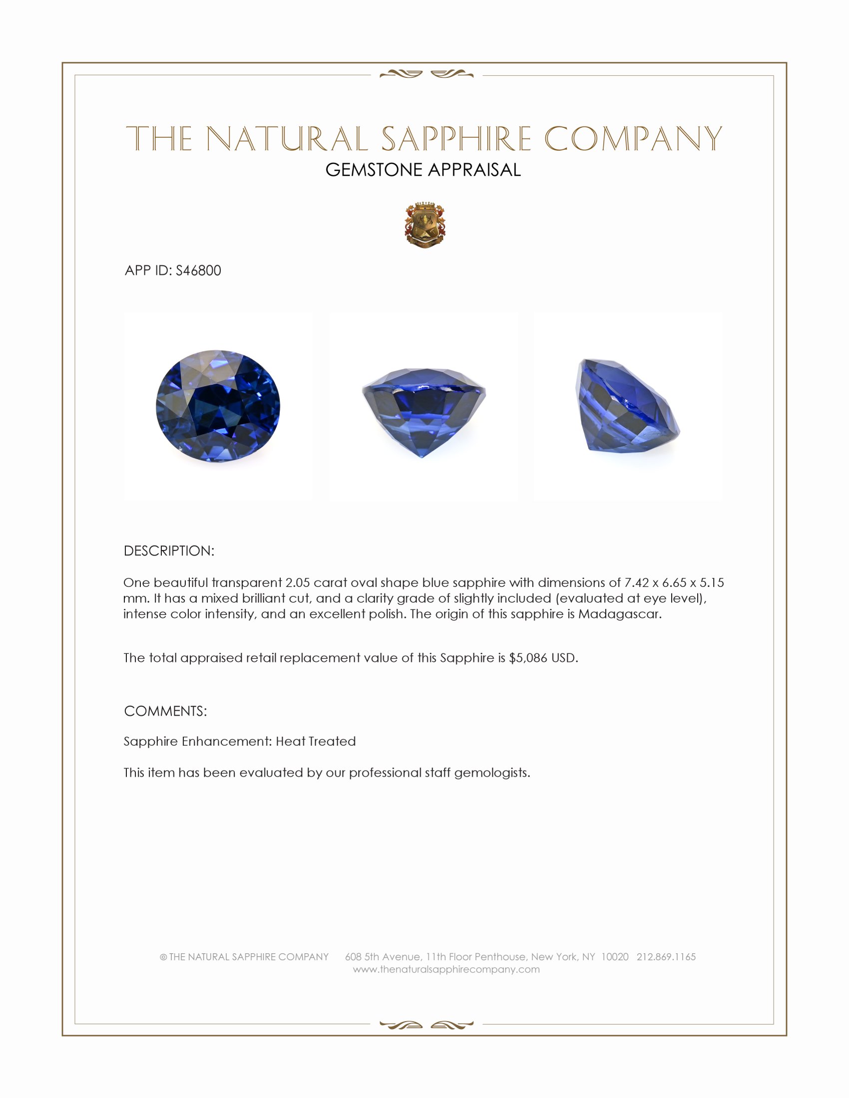 2.05 Ct. Blue Sapphire from Madagascar