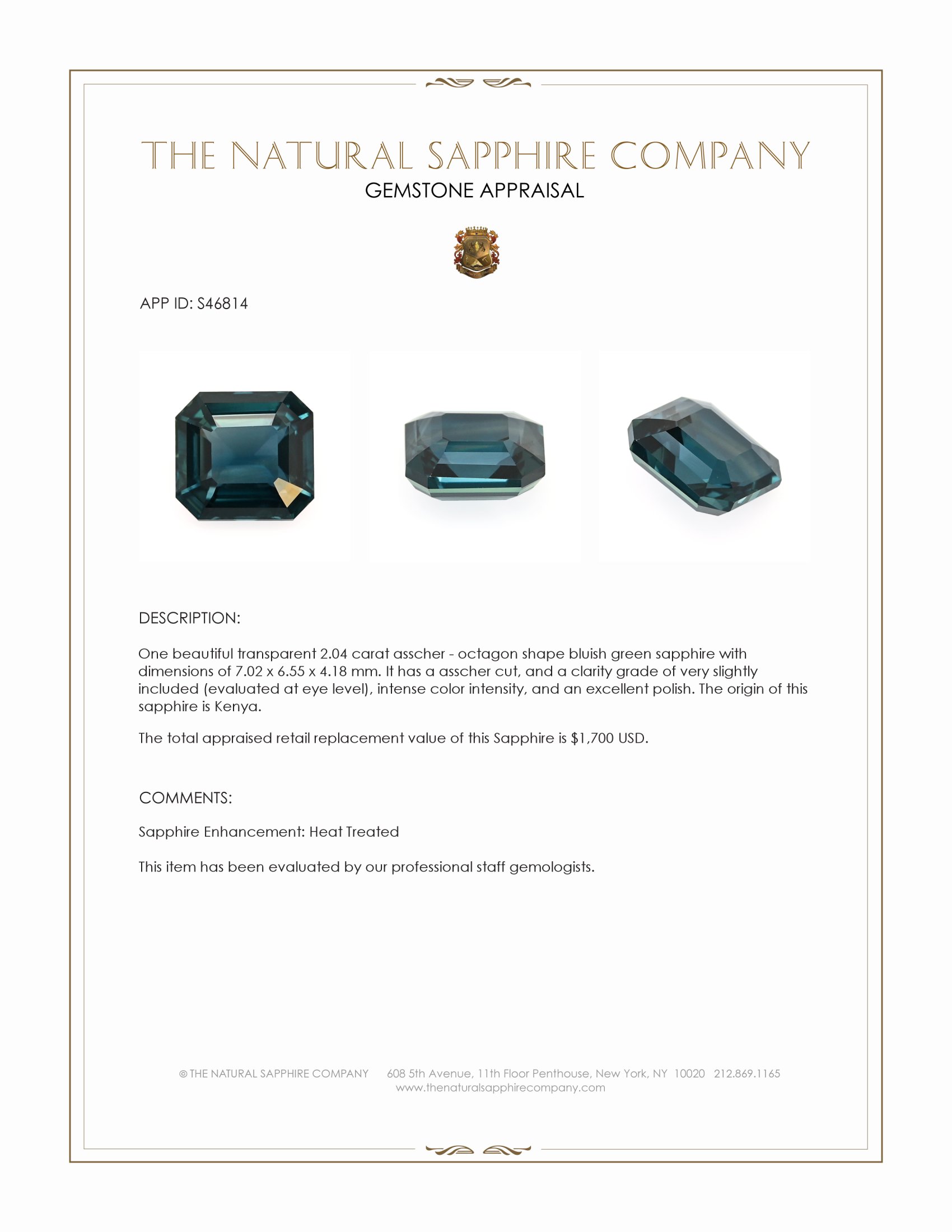 2.04 Ct. Bluish Green Sapphire from Kenya