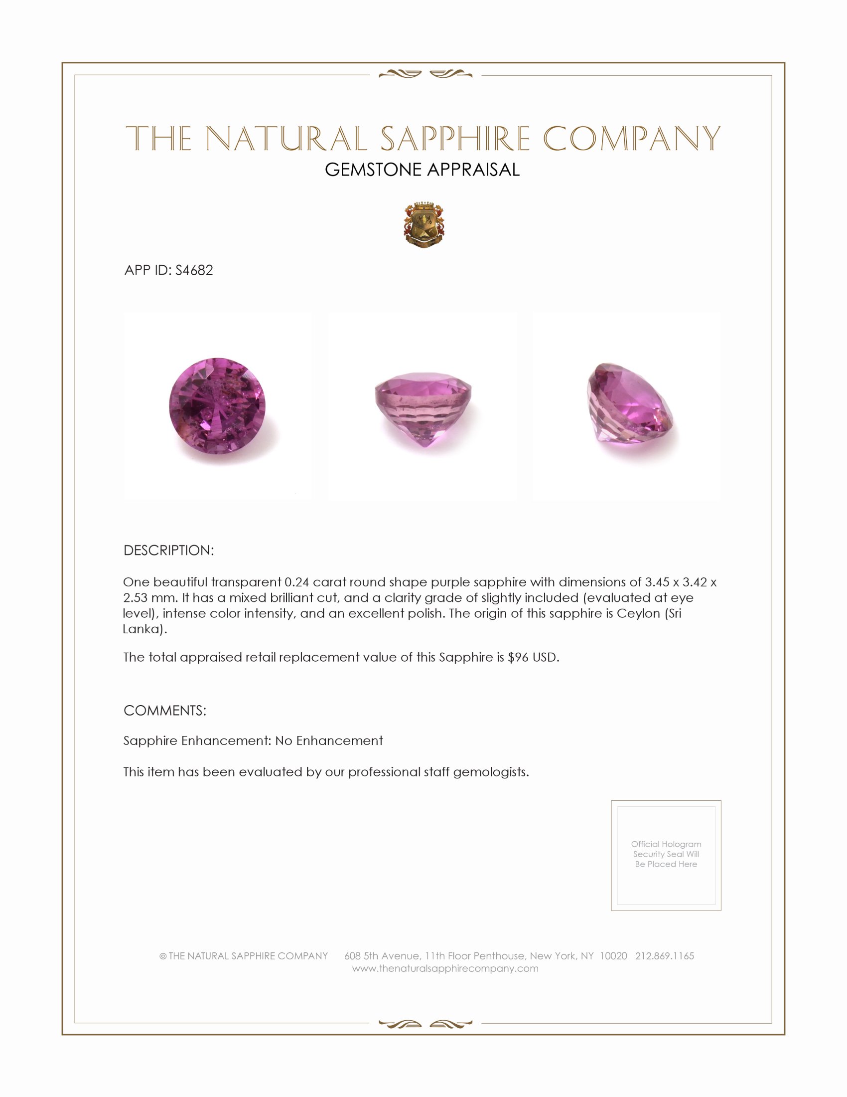 0.24 Ct. Purple Sapphire from Ceylon (Sri Lanka)