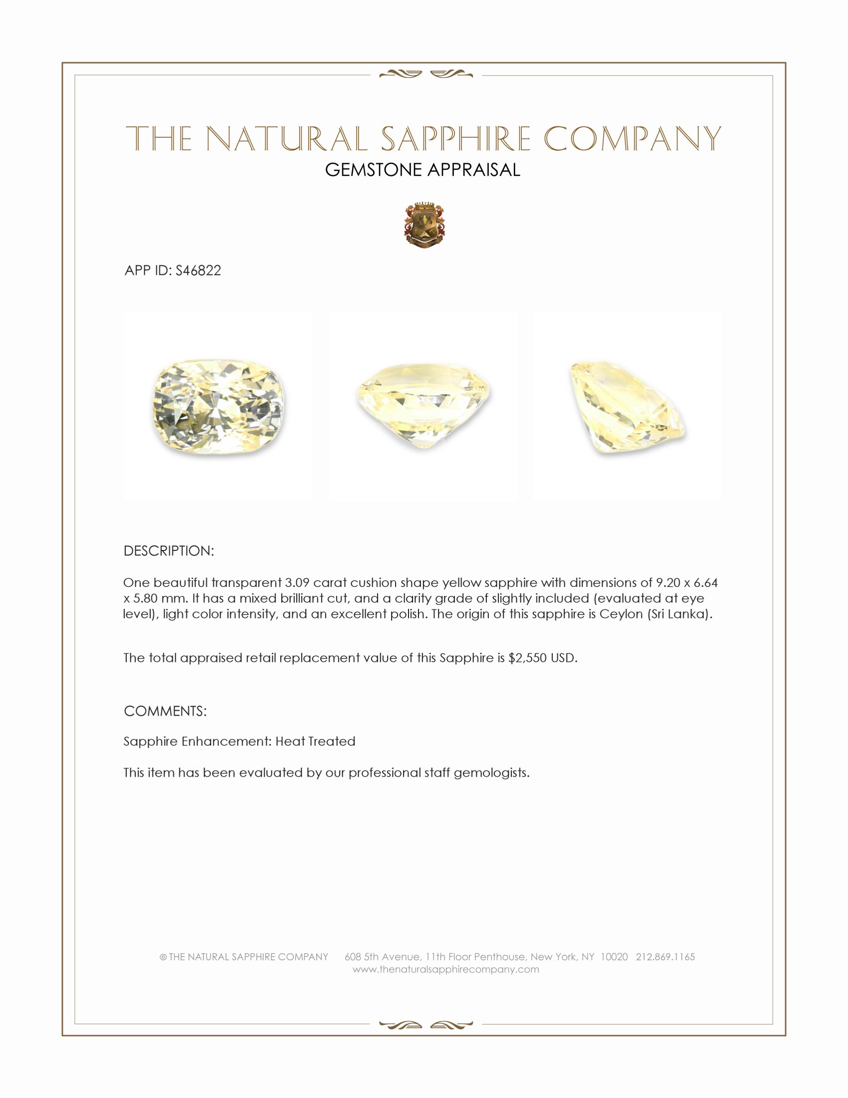 3.09 Ct. Yellow Sapphire from Ceylon (Sri Lanka)