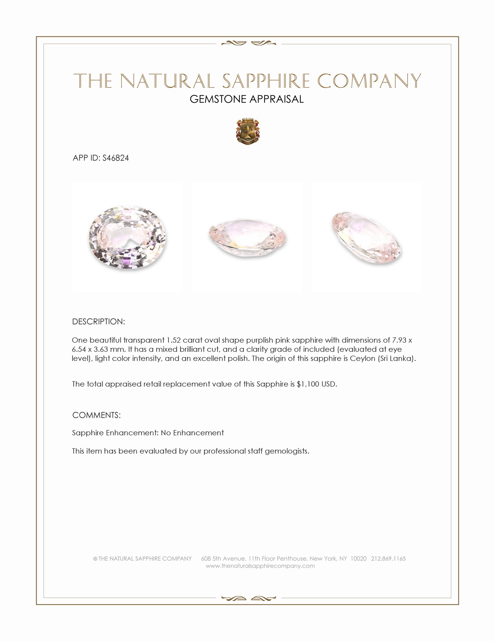 1.52 Ct. Purplish Pink Sapphire from Ceylon (Sri Lanka)
