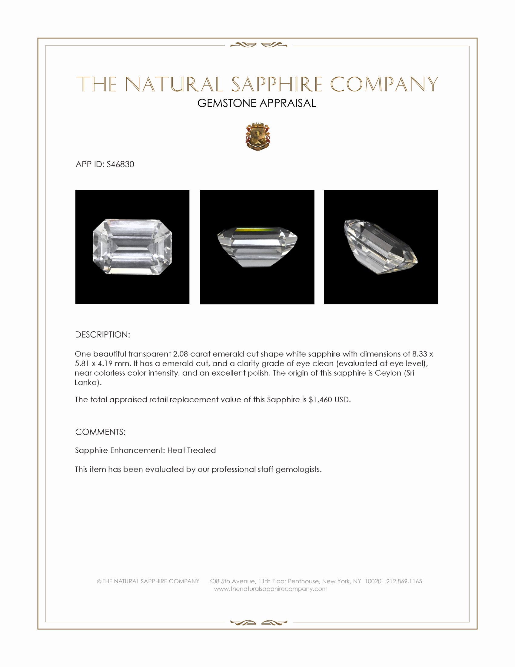 2.08 Ct. White Sapphire from Ceylon (Sri Lanka)