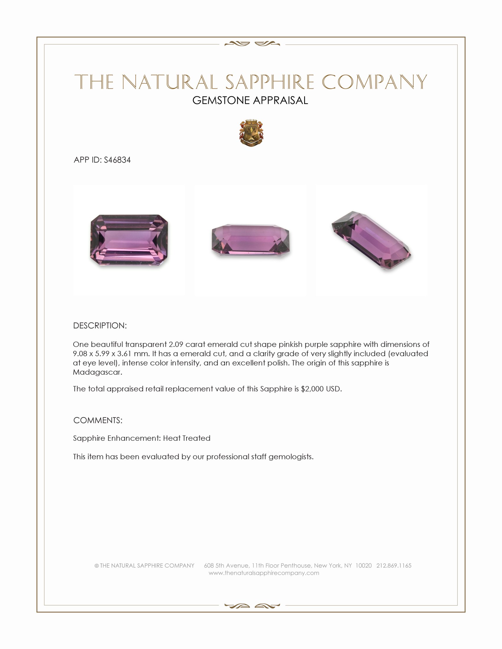 2.09 Ct. Pinkish Purple Sapphire from Madagascar