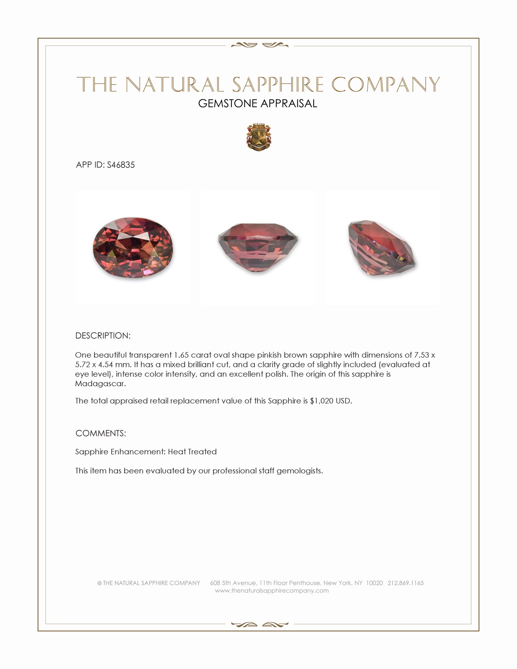 1.65 Ct. Pinkish Brown Sapphire from Madagascar