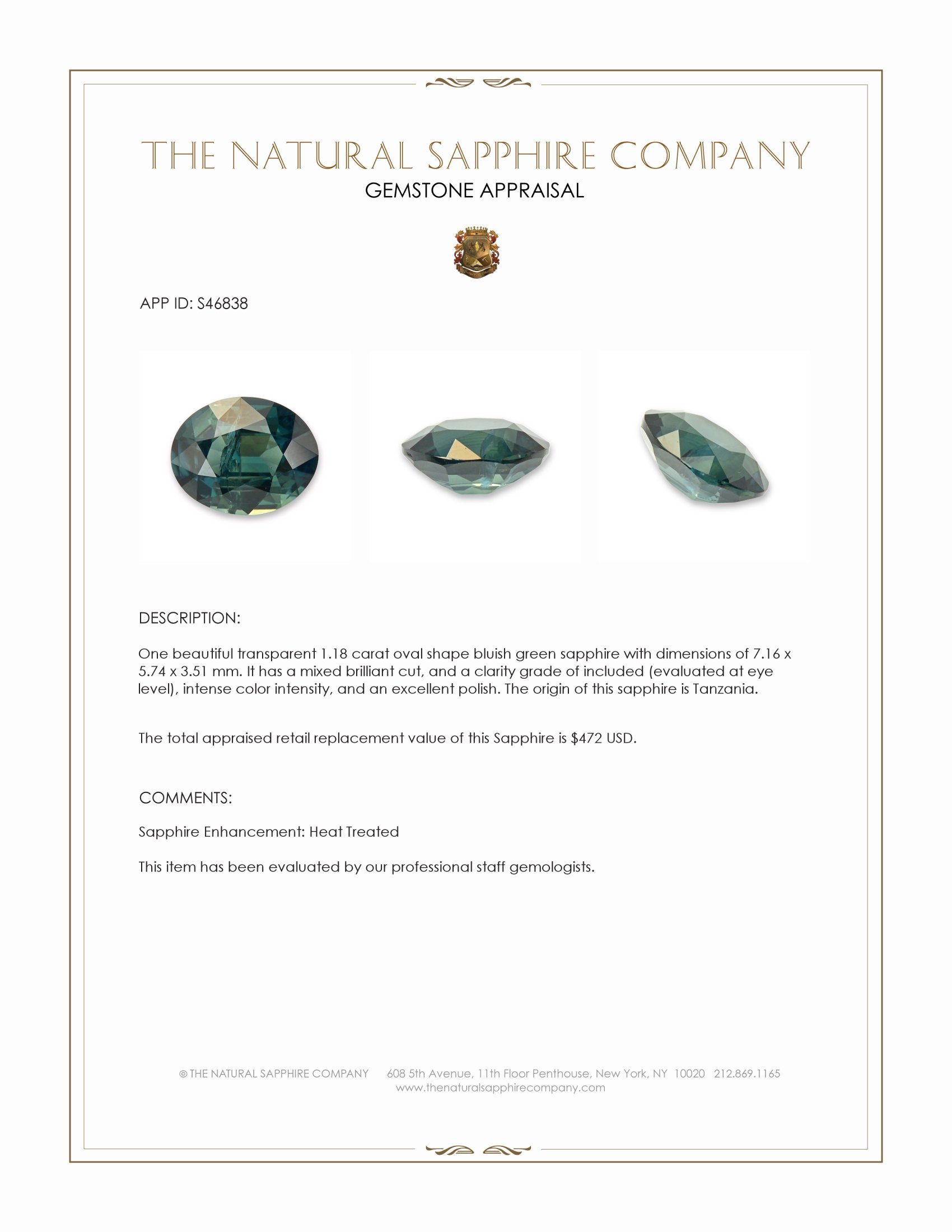 1.18 Ct. Bluish Green Sapphire from Tanzania