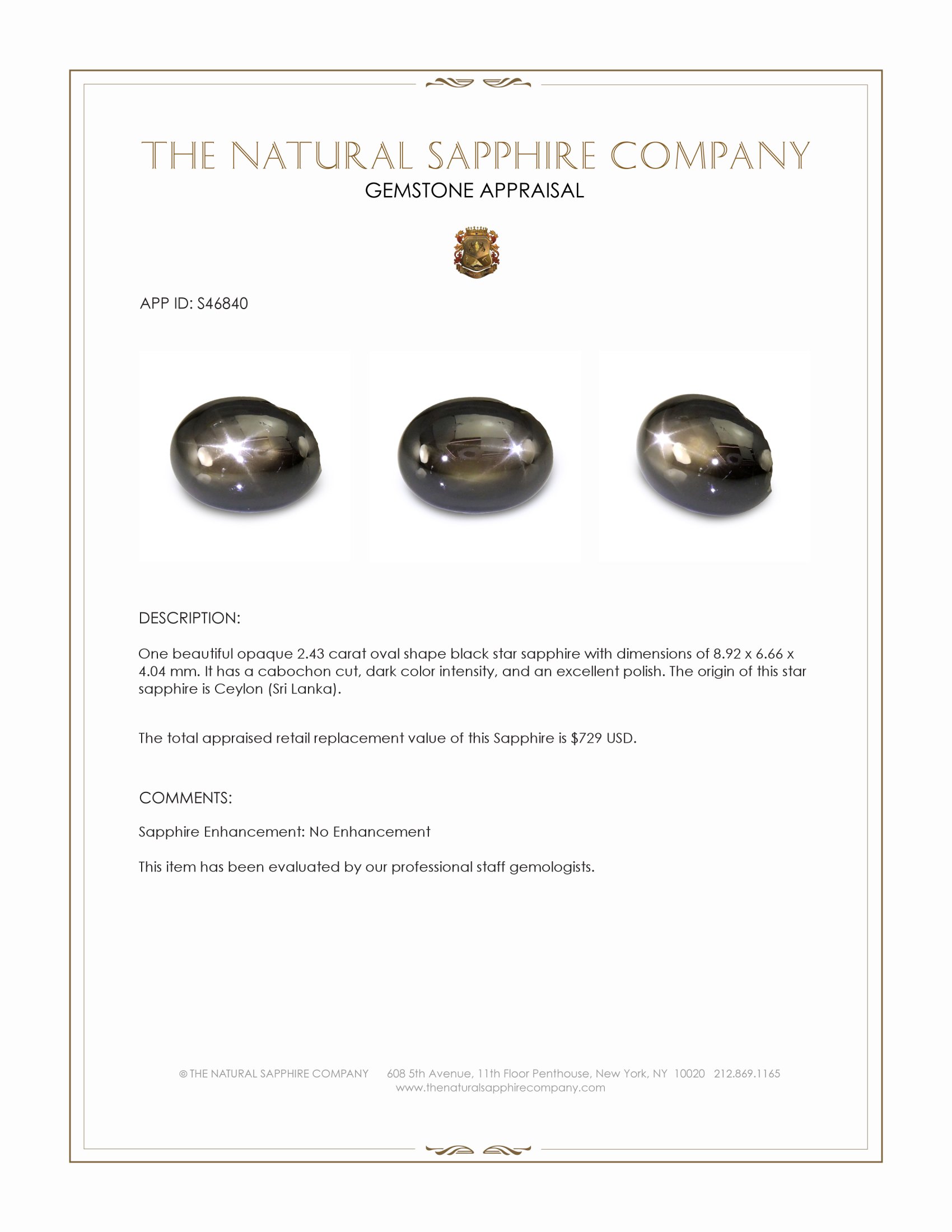 2.43 Ct. Black Star Sapphire from Ceylon (Sri Lanka)