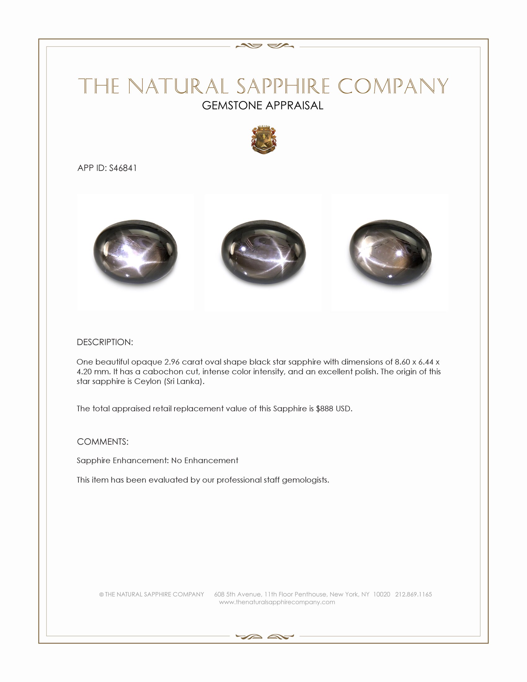 2.96 Ct. Black Star Sapphire from Ceylon (Sri Lanka)