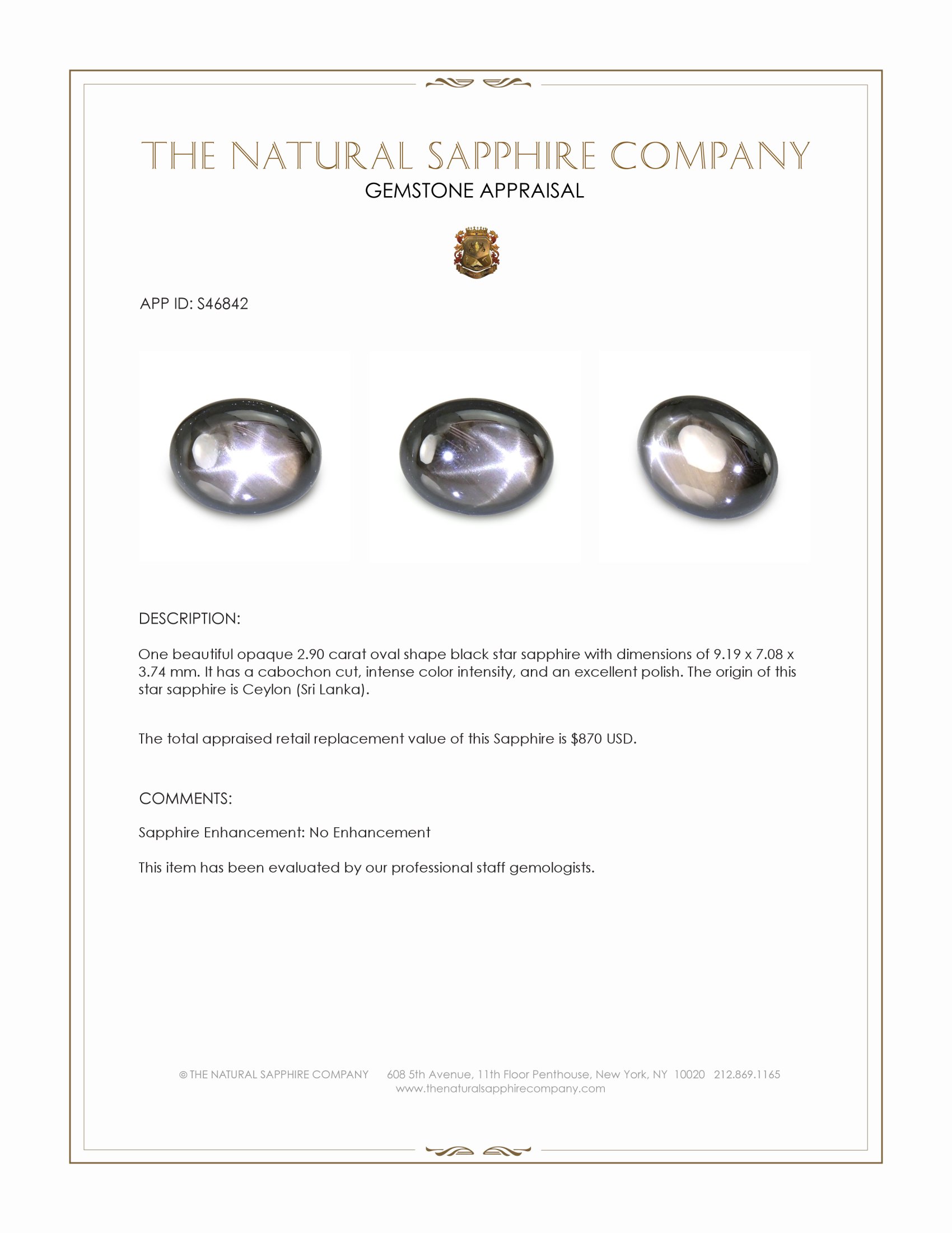 2.90 Ct. Black Star Sapphire from Ceylon (Sri Lanka)