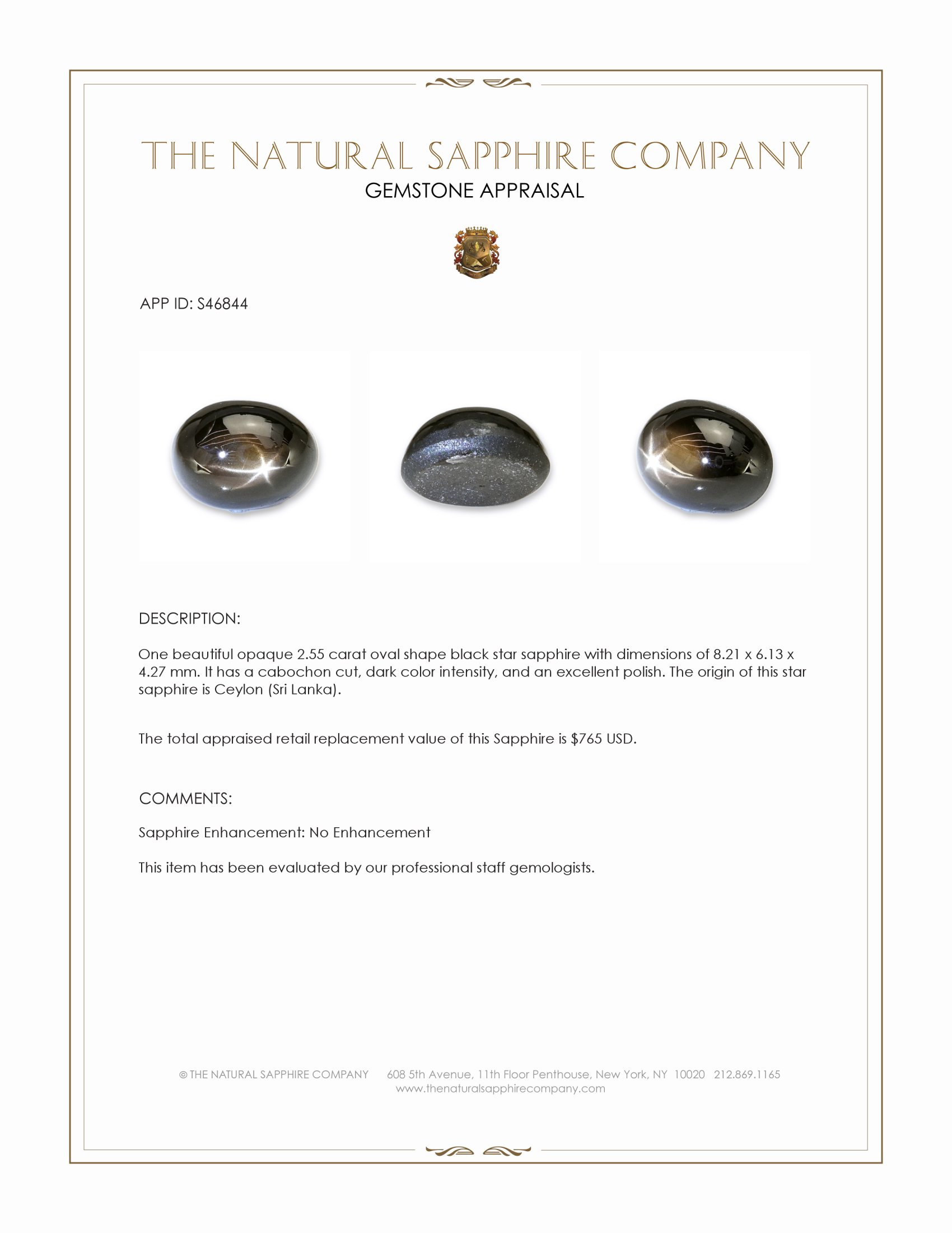 2.55 Ct. Black Star Sapphire from Ceylon (Sri Lanka)