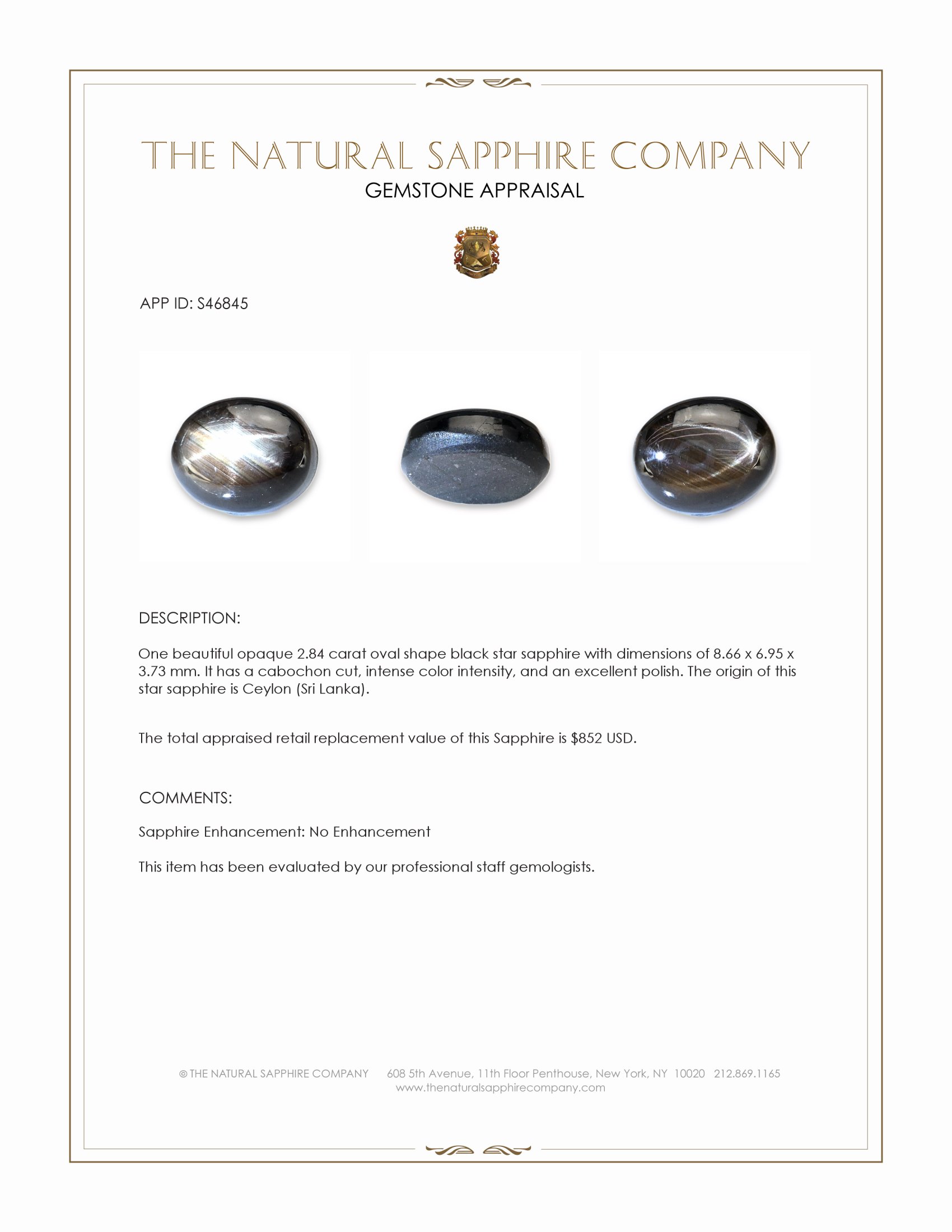 2.84 Ct. Black Star Sapphire from Ceylon (Sri Lanka)