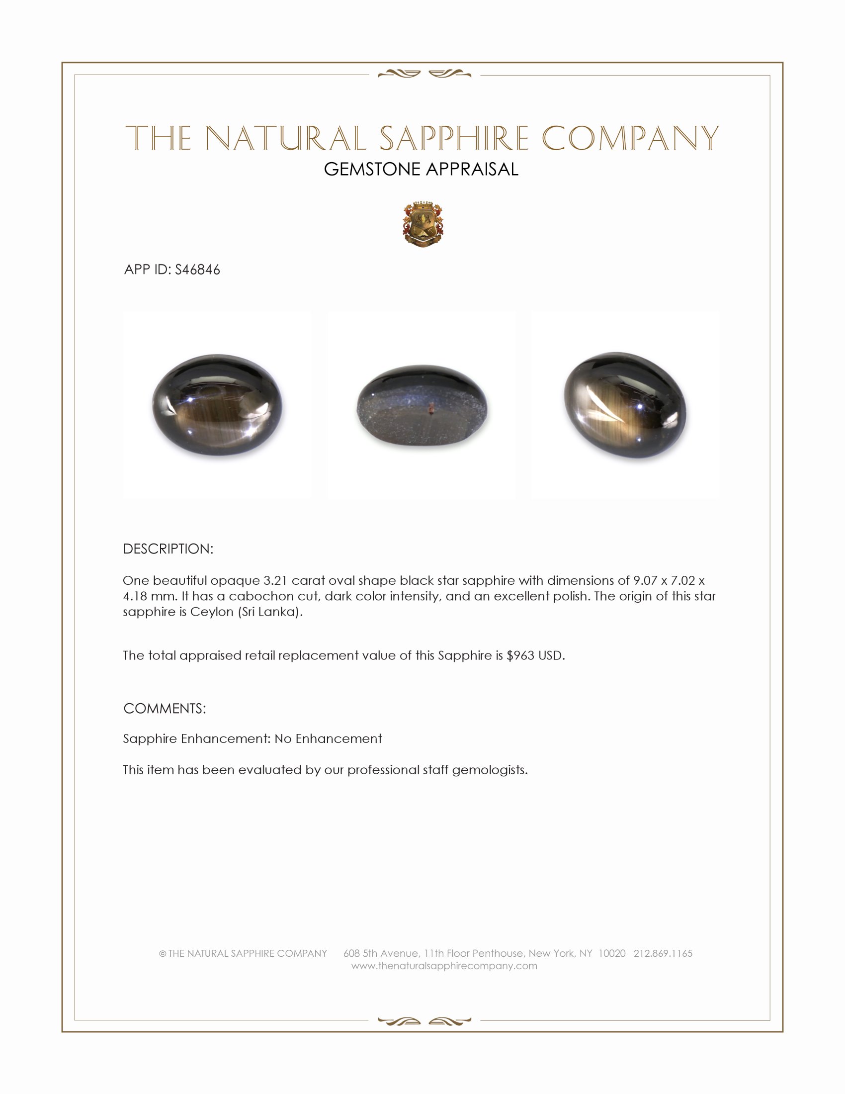 3.21 Ct. Black Star Sapphire from Ceylon (Sri Lanka)