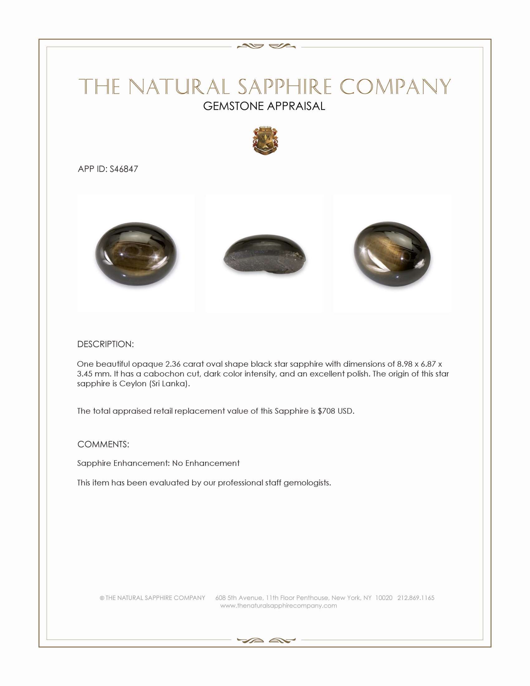 2.36 Ct. Black Star Sapphire from Ceylon (Sri Lanka)