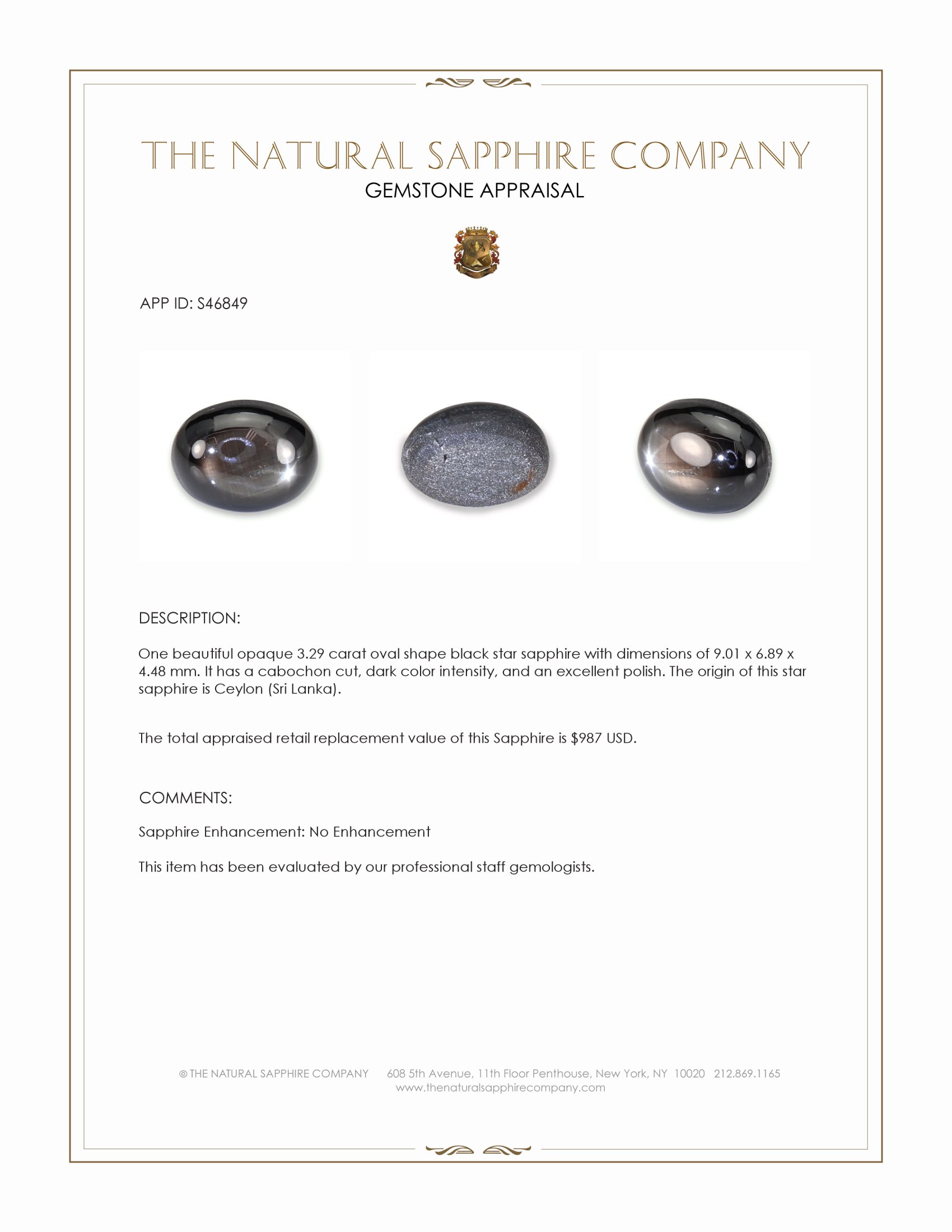 3.29 Ct. Black Star Sapphire from Ceylon (Sri Lanka)