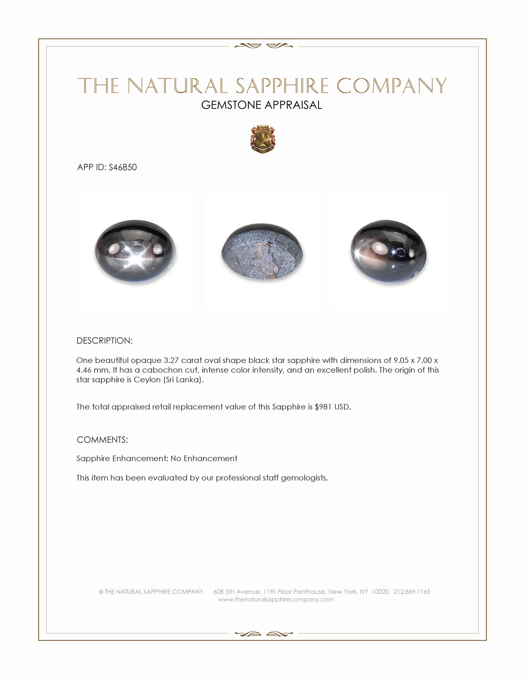 3.27 Ct. Black Star Sapphire from Ceylon (Sri Lanka)