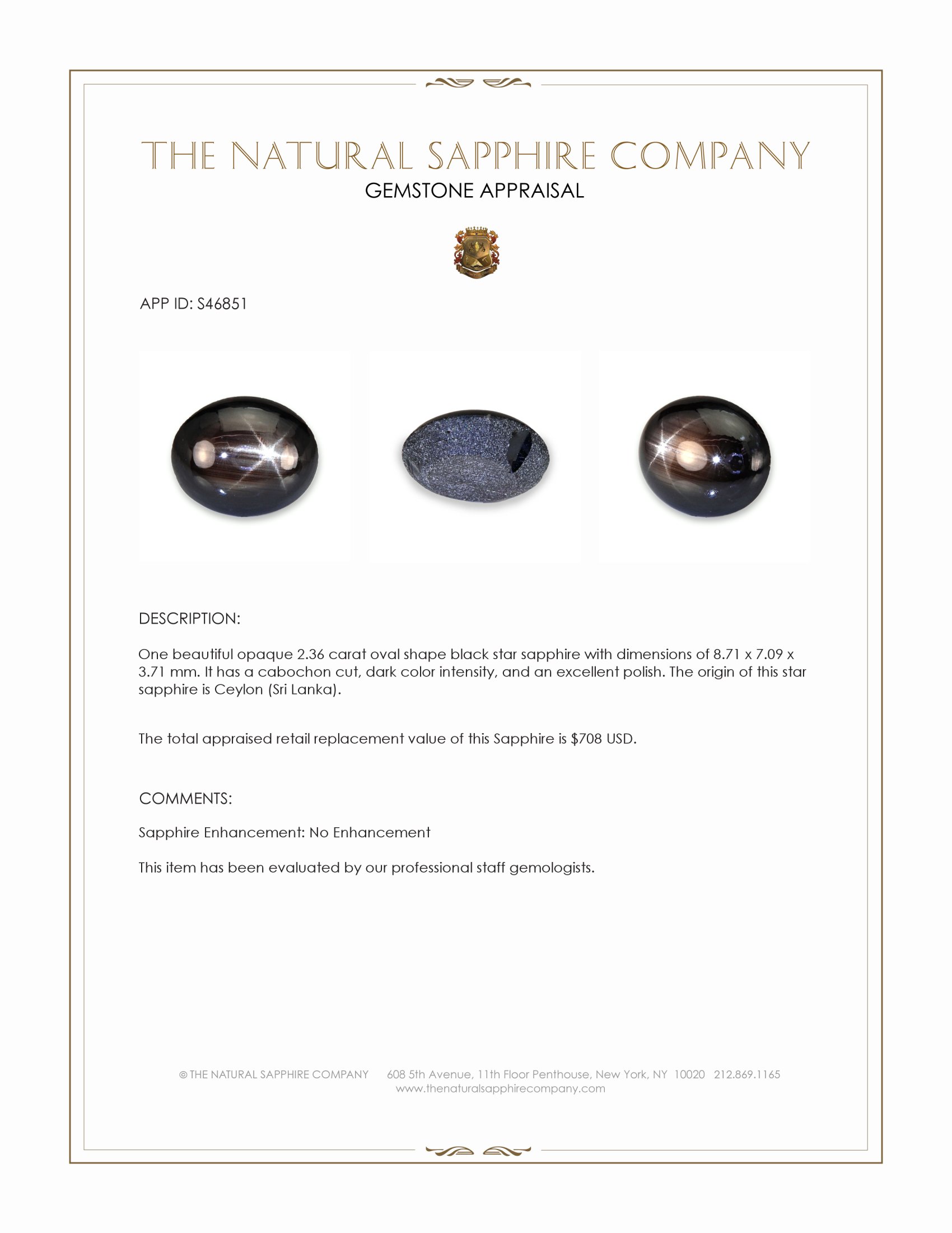 2.36 Ct. Black Star Sapphire from Ceylon (Sri Lanka)