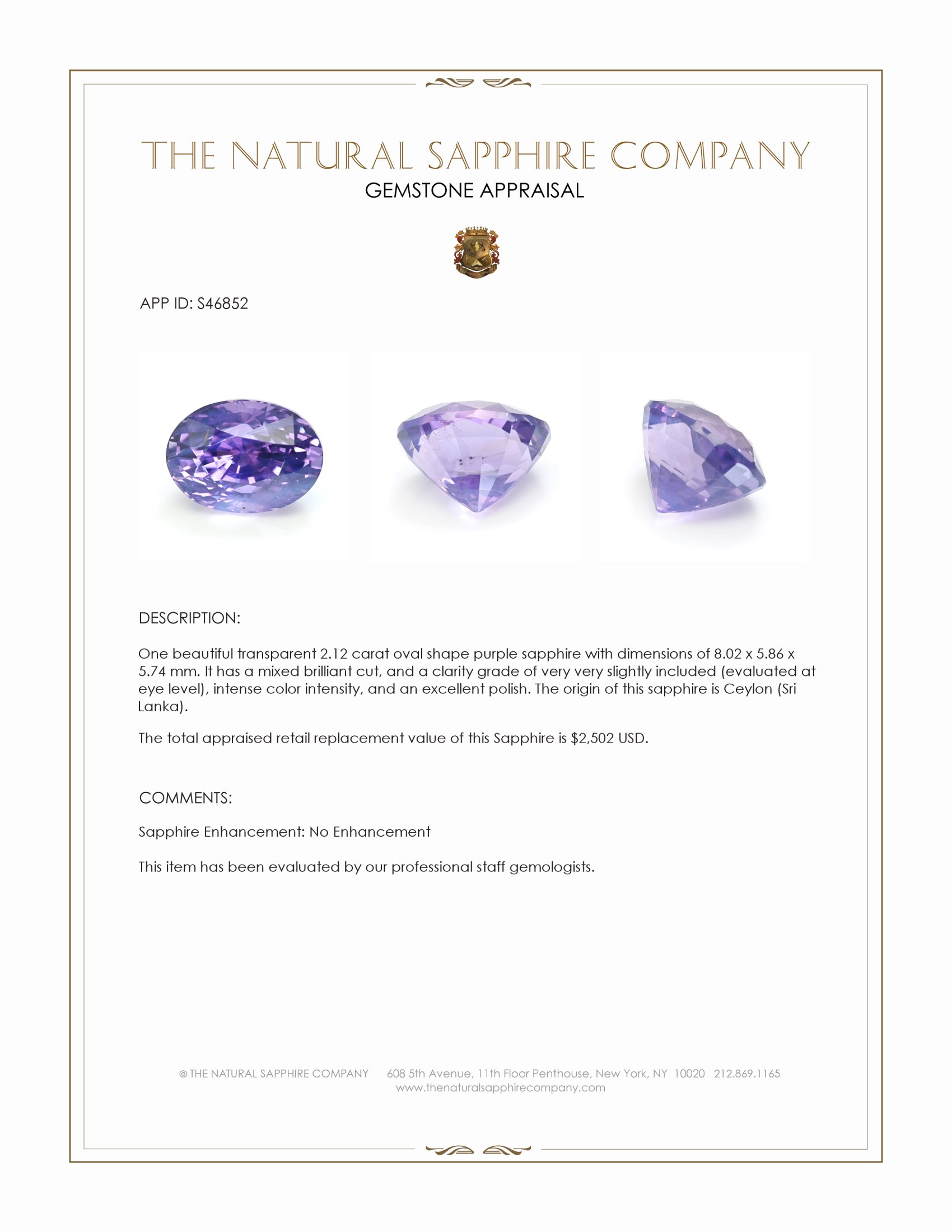 2.12 Ct. Purple Sapphire from Ceylon (Sri Lanka)