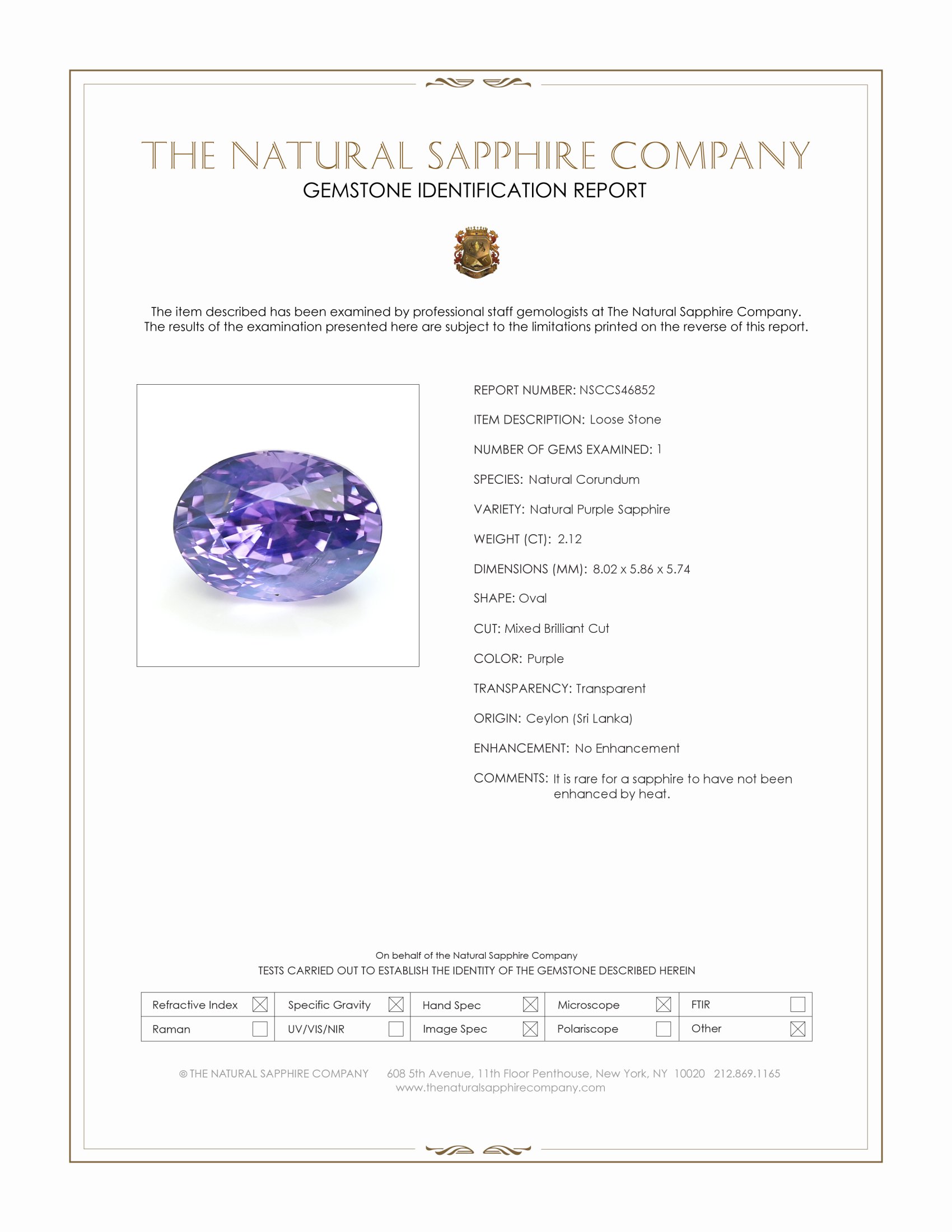 2.12 Ct. Purple Sapphire from Ceylon (Sri Lanka)