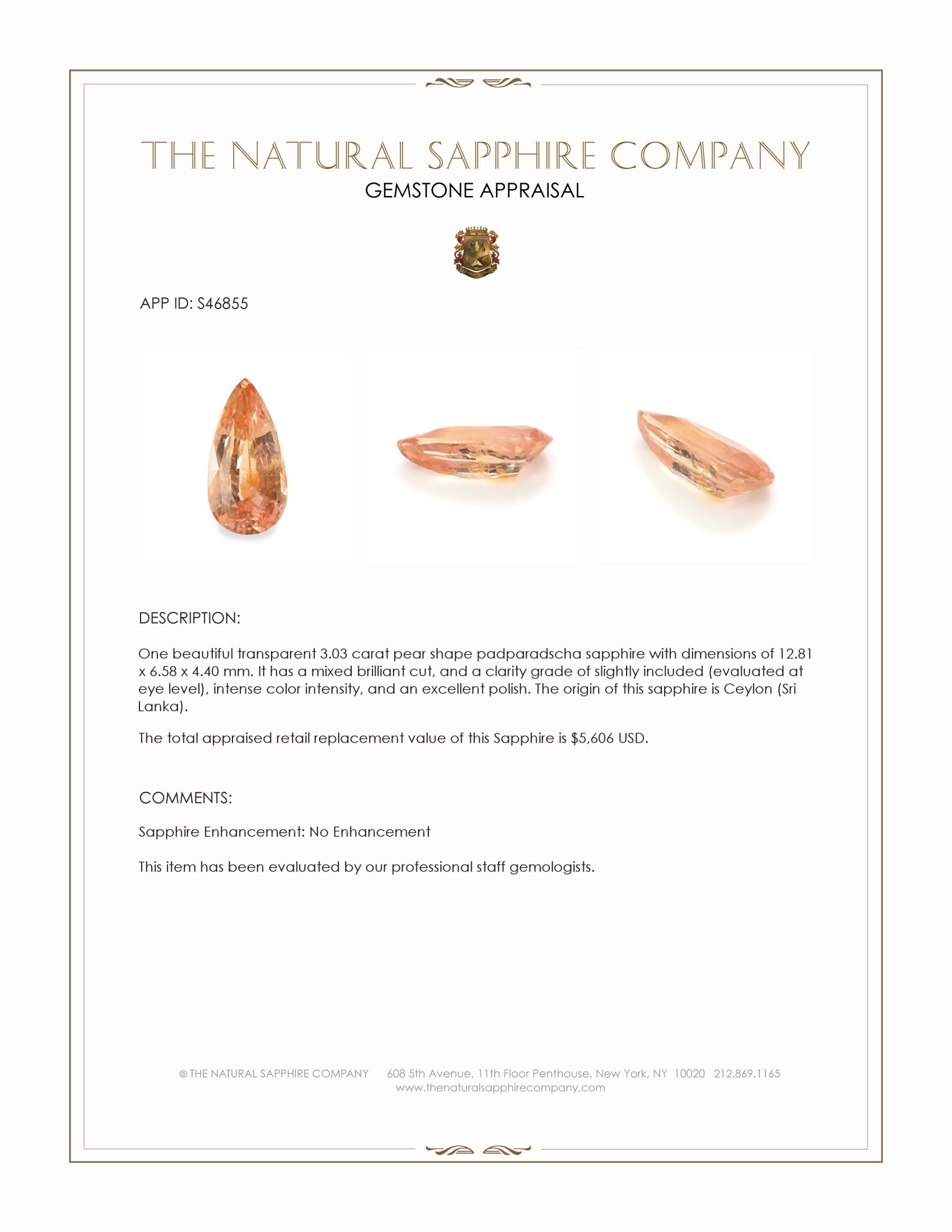 3.03 Ct. Padparadscha Sapphire from Ceylon (Sri Lanka)
