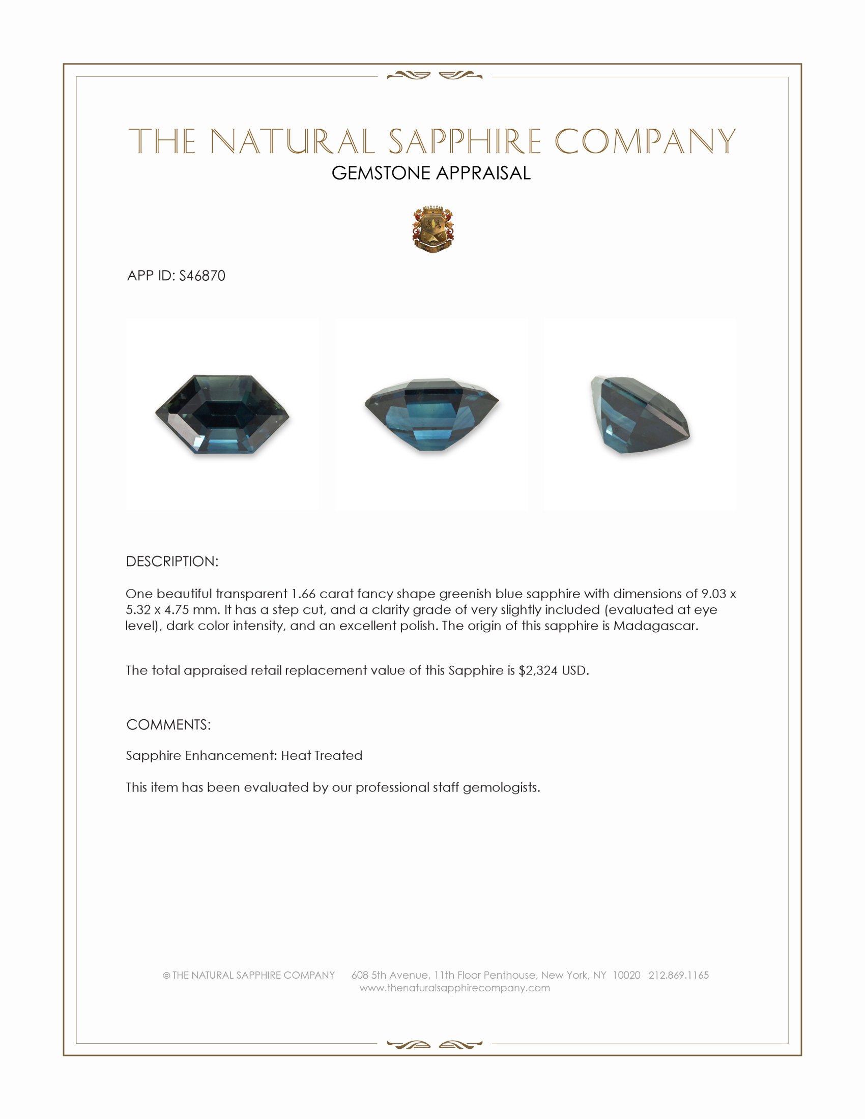 1.66 Ct. Greenish Blue Sapphire from Madagascar