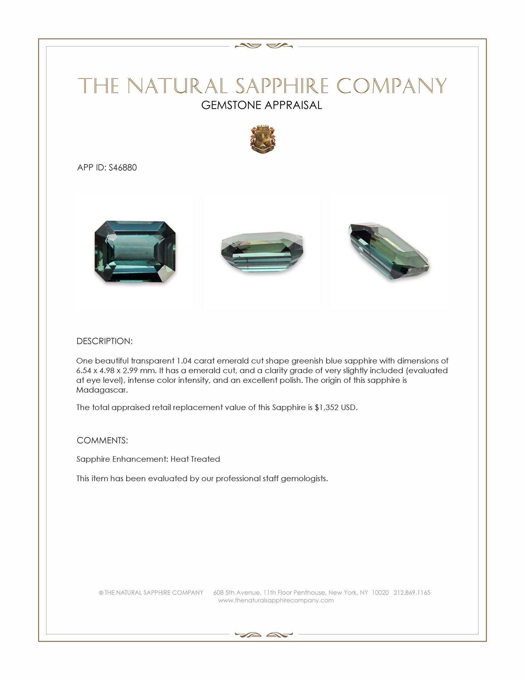 1.04 Ct. Greenish Blue Sapphire from Madagascar