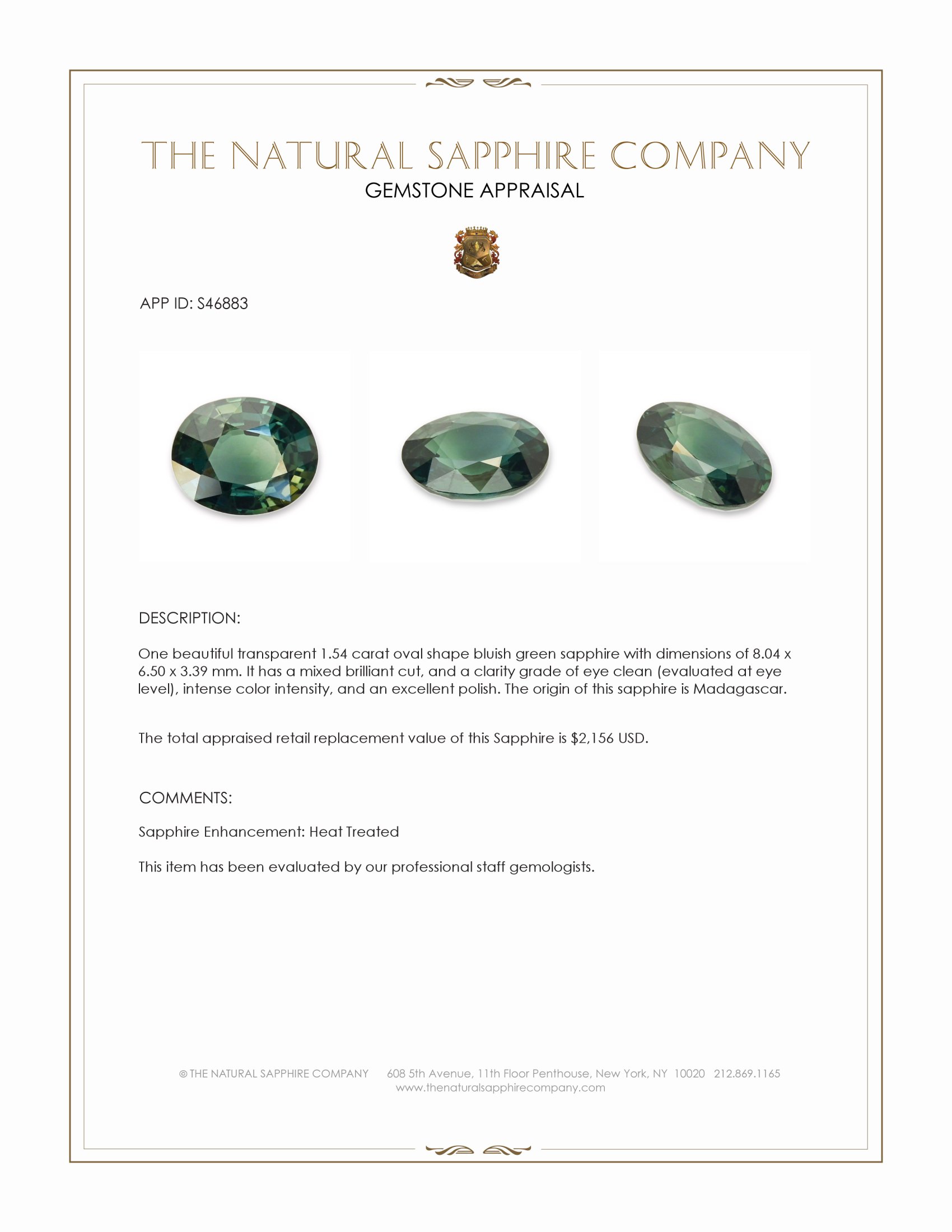 1.54 Ct. Bluish Green Sapphire from Madagascar