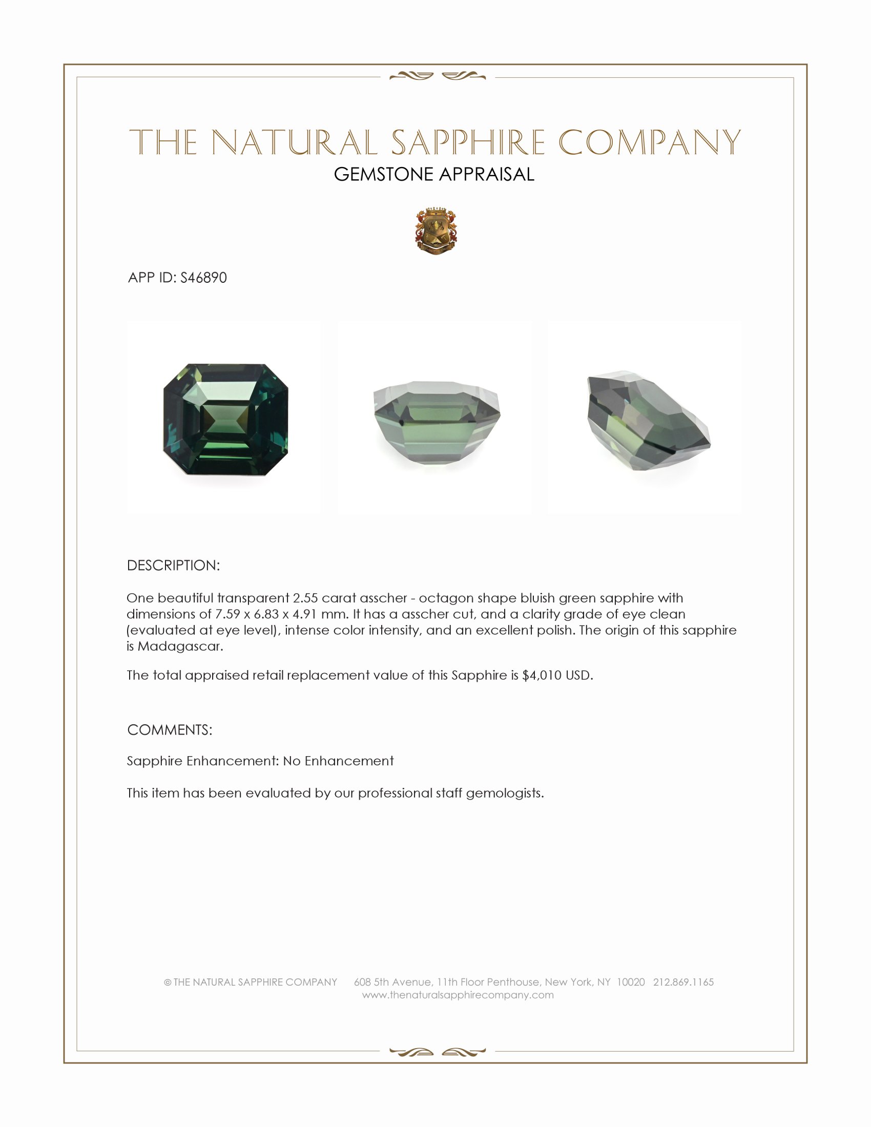2.55 Ct. Bluish Green Sapphire from Madagascar