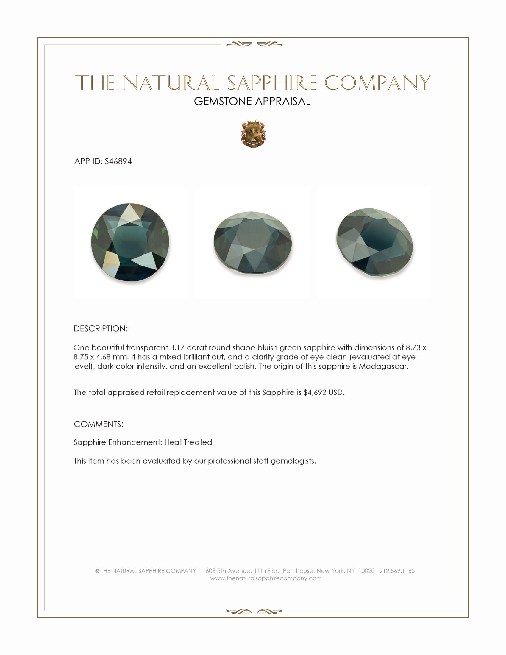 3.17 Ct. Bluish Green Sapphire from Madagascar