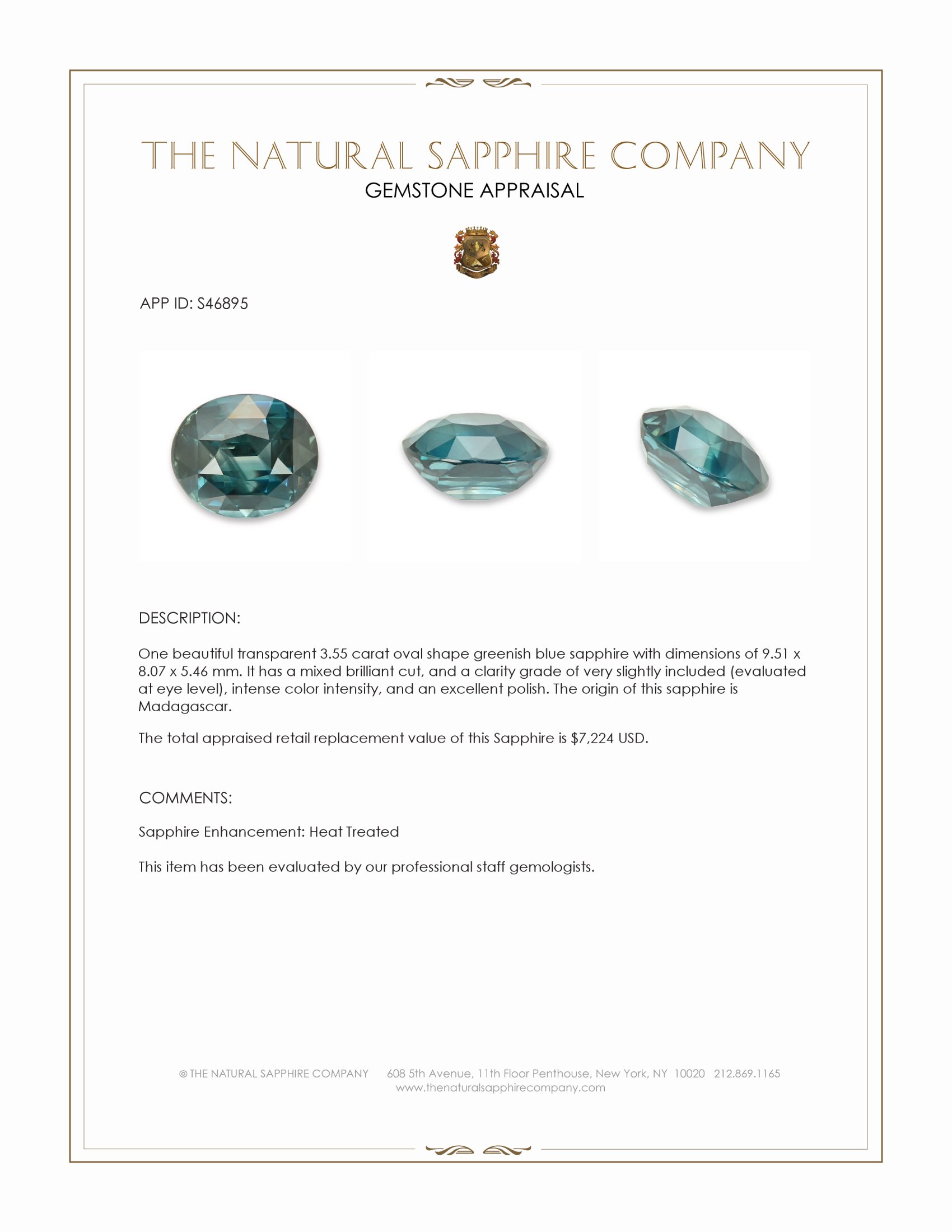 3.55 Ct. Greenish Blue Sapphire from Madagascar