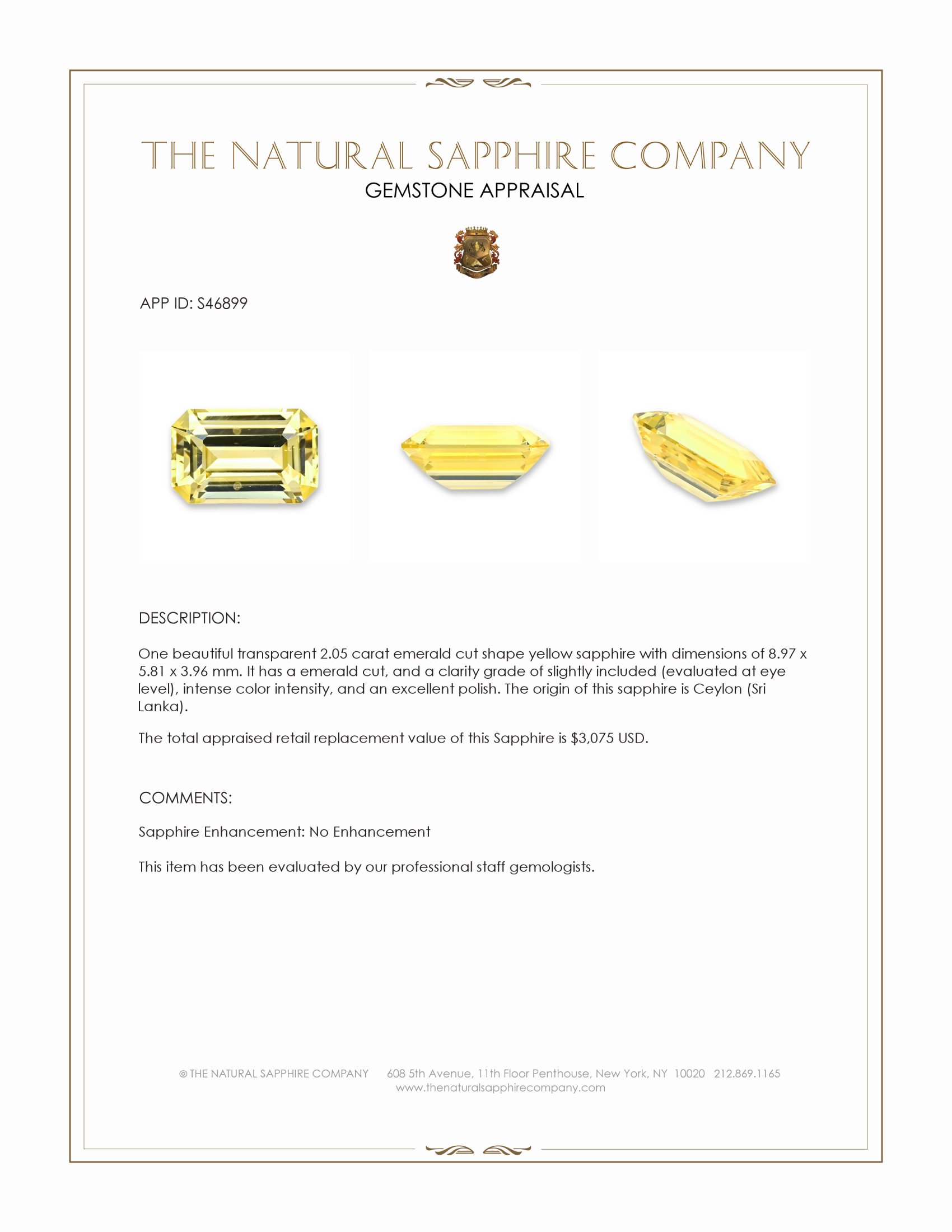 2.05 Ct. Yellow Sapphire from Ceylon (Sri Lanka)
