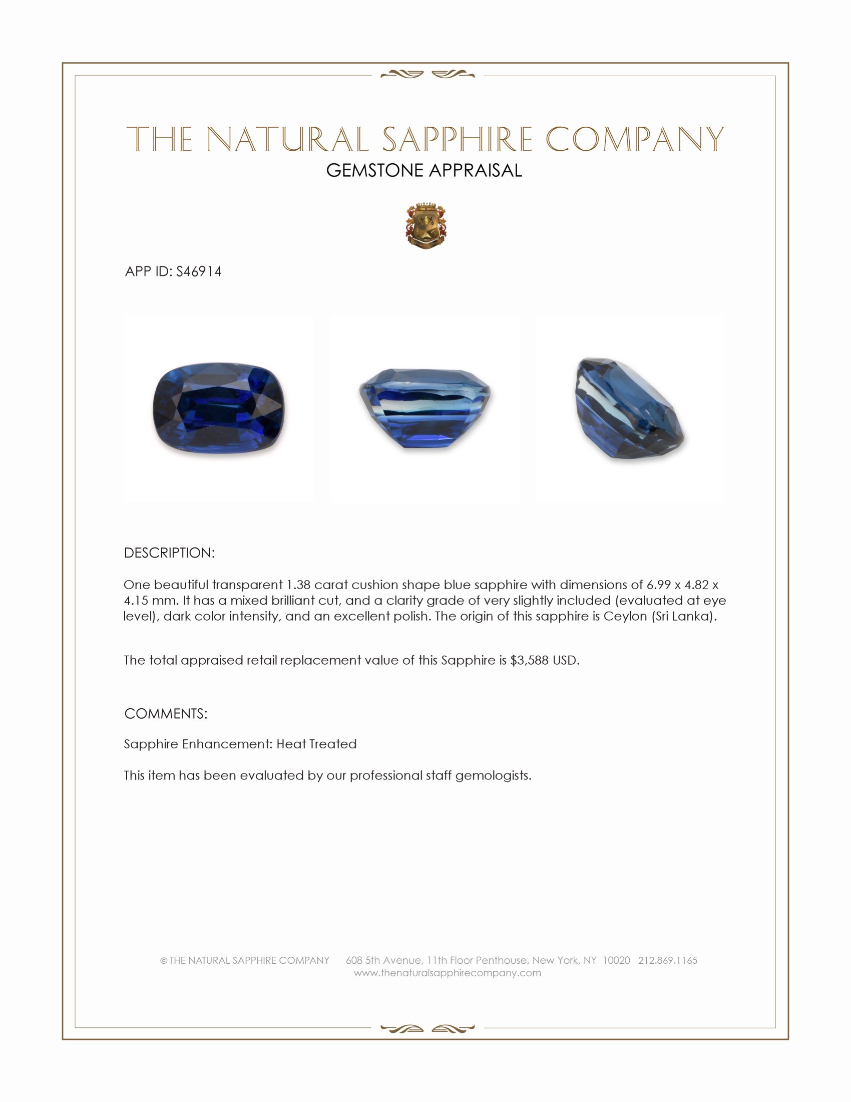 1.38 Ct. Blue Sapphire from Ceylon (Sri Lanka)