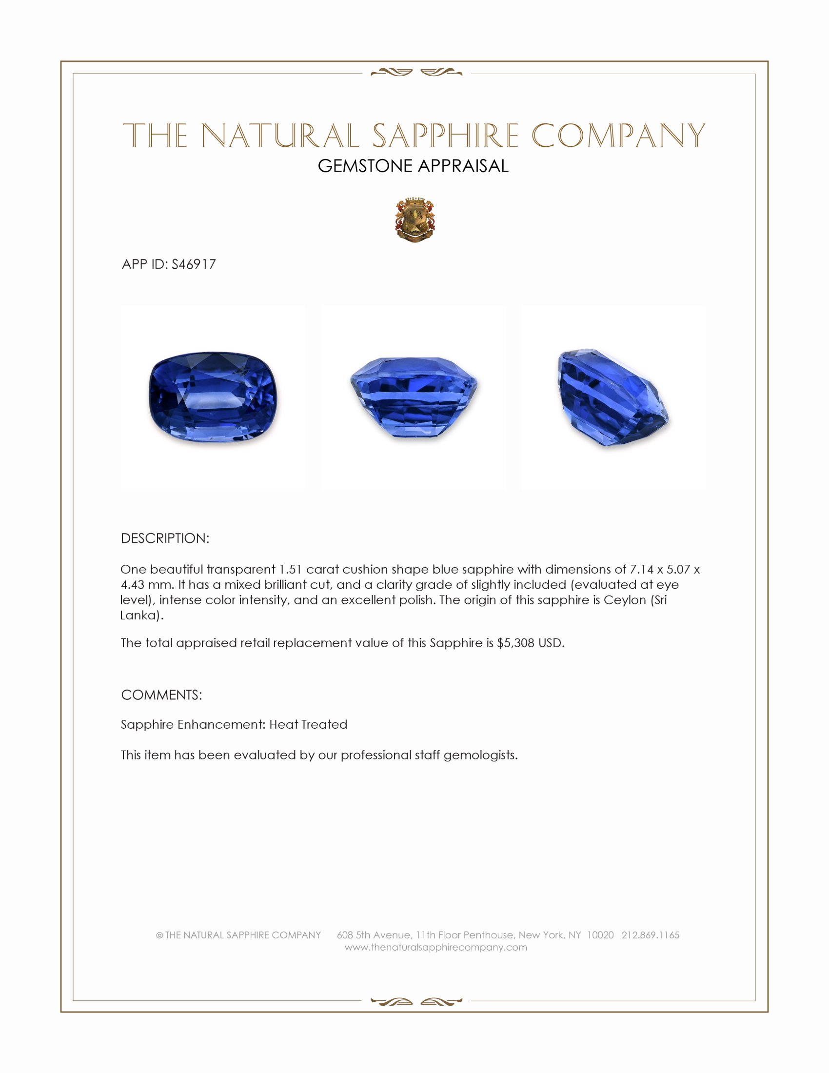 1.51 Ct. Blue Sapphire from Ceylon (Sri Lanka)