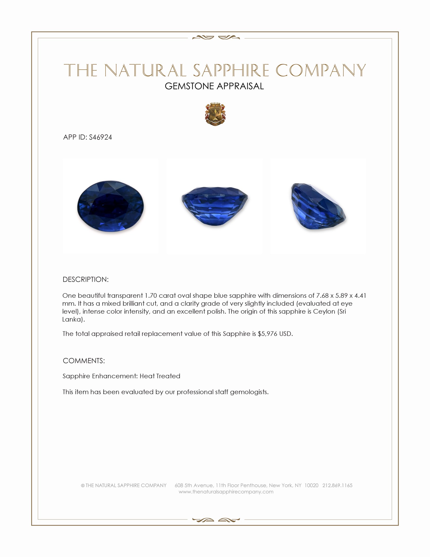 1.70 Ct. Blue Sapphire from Ceylon (Sri Lanka)