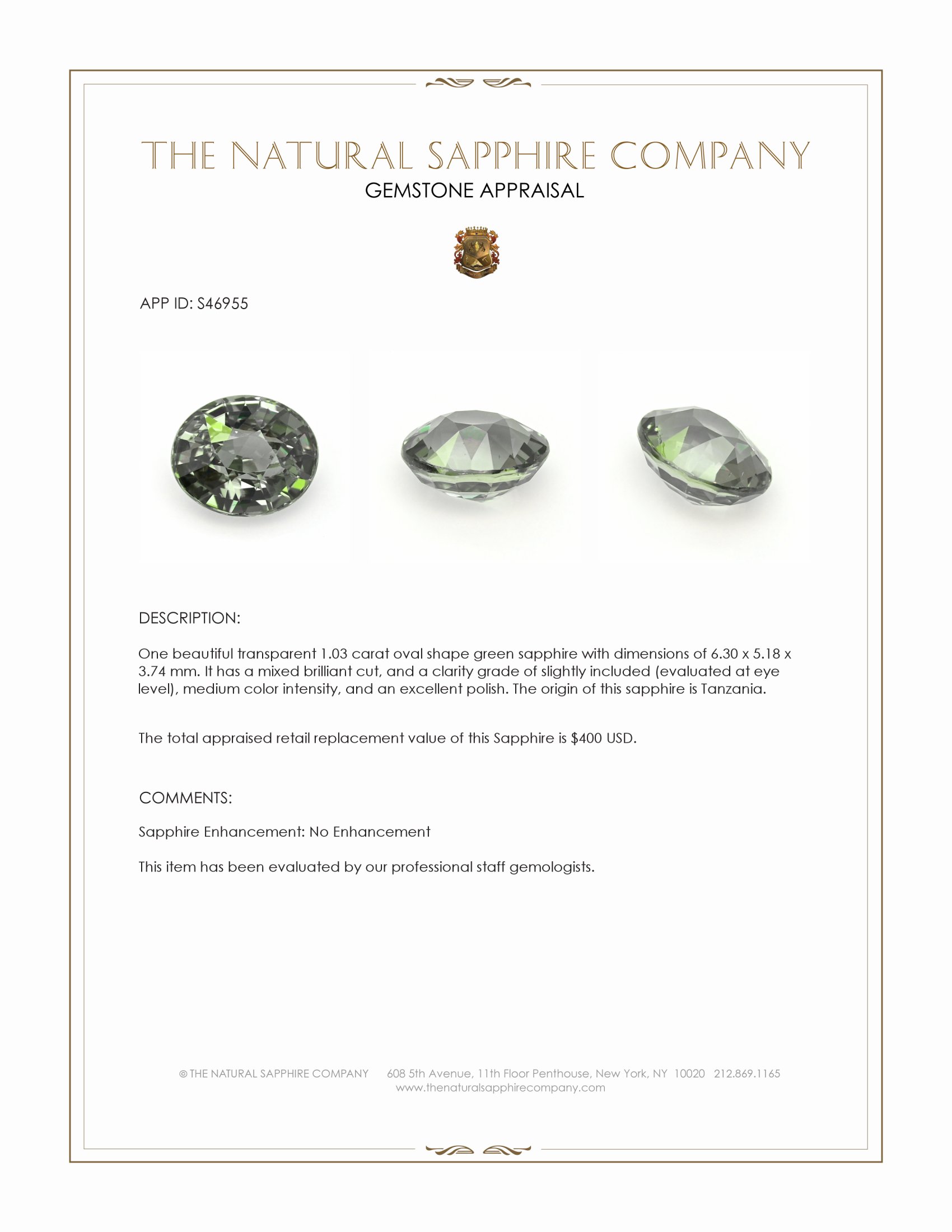 1.03 Ct. Green Sapphire from Tanzania