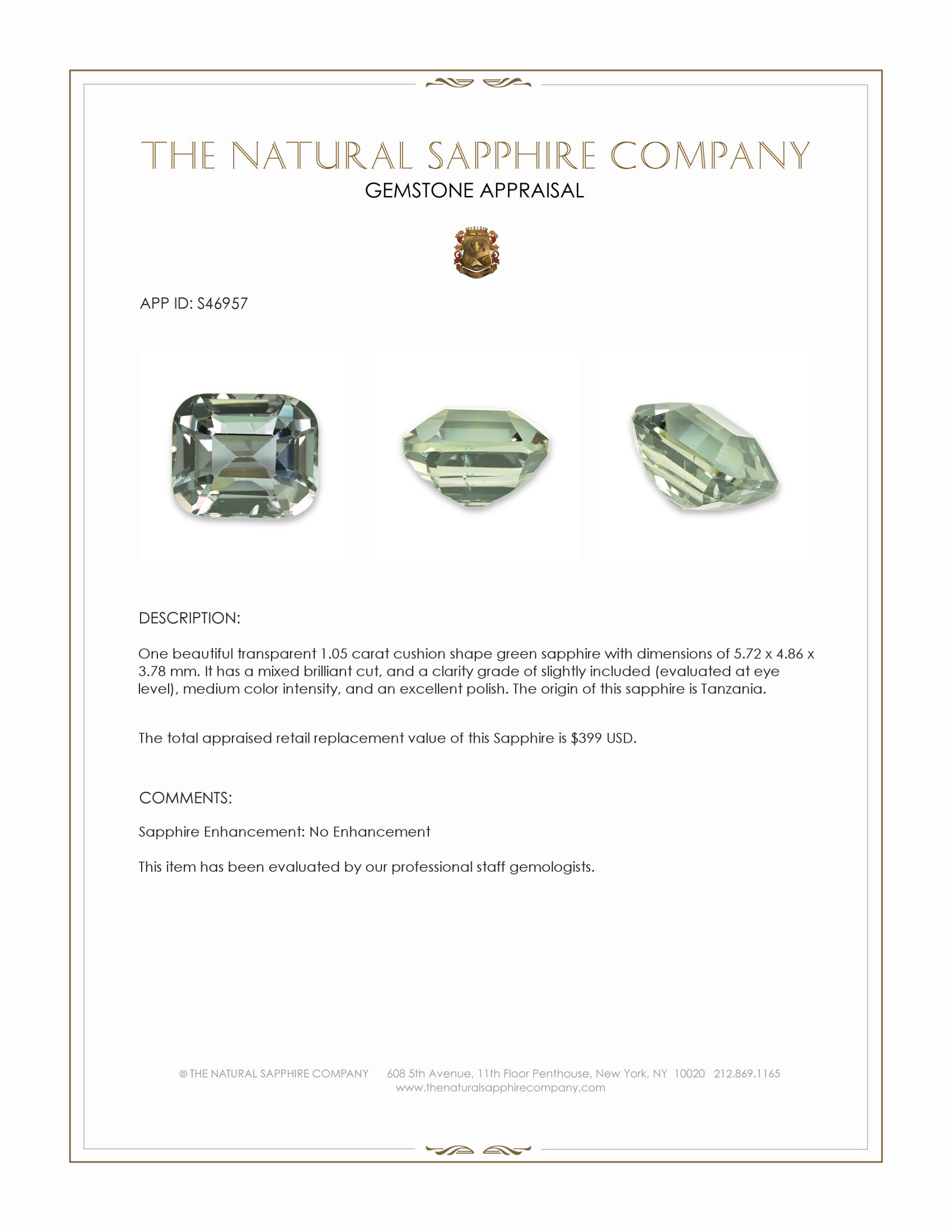 1.05 Ct. Green Sapphire from Tanzania