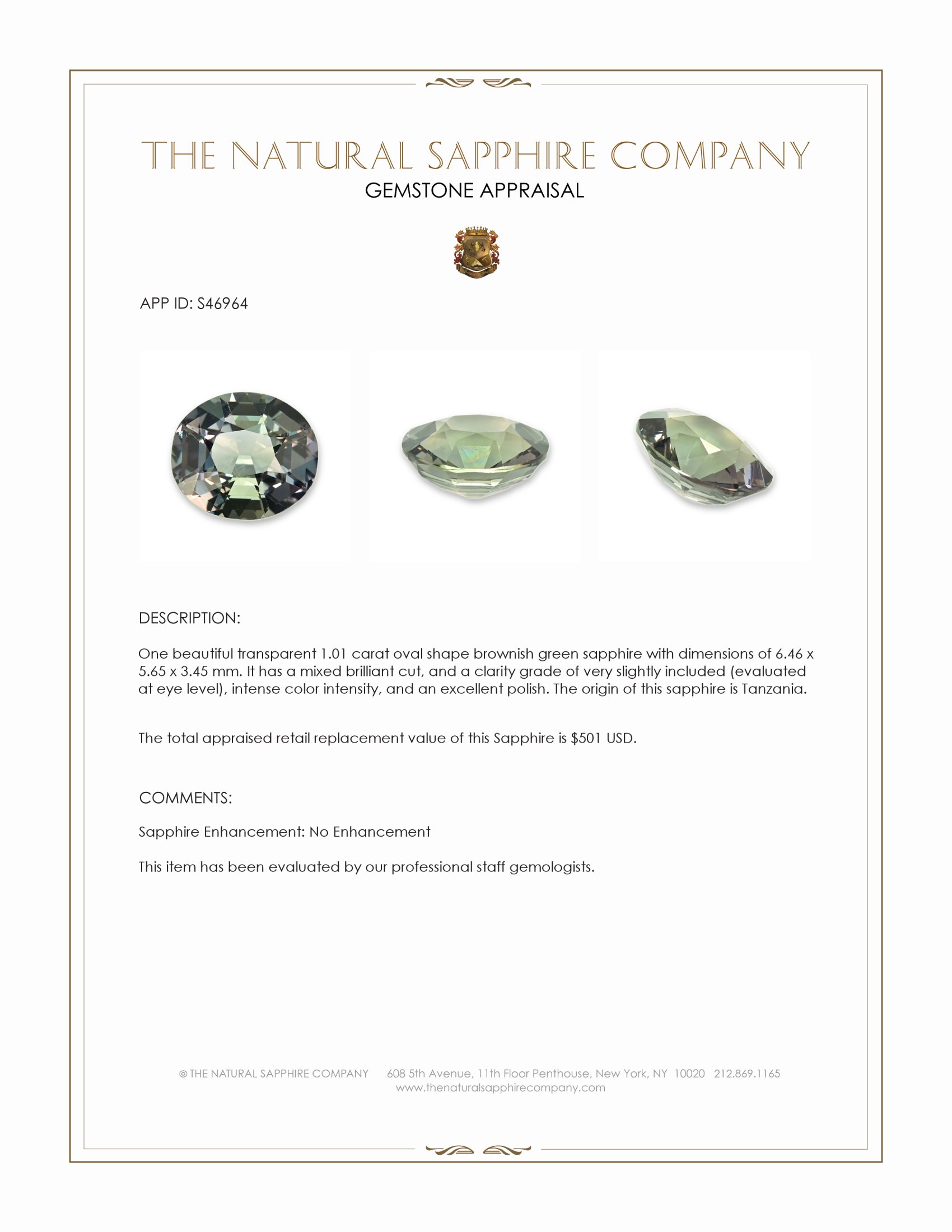 1.01 Ct. Brownish Green Sapphire from Tanzania