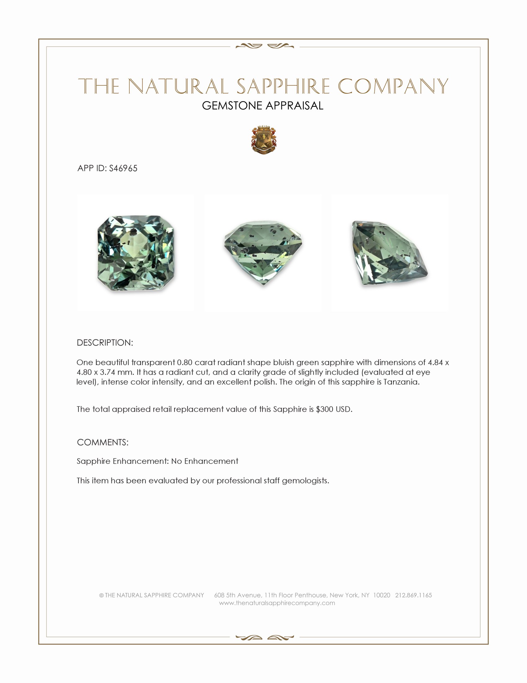 0.80 Ct. Bluish Green Sapphire from Tanzania
