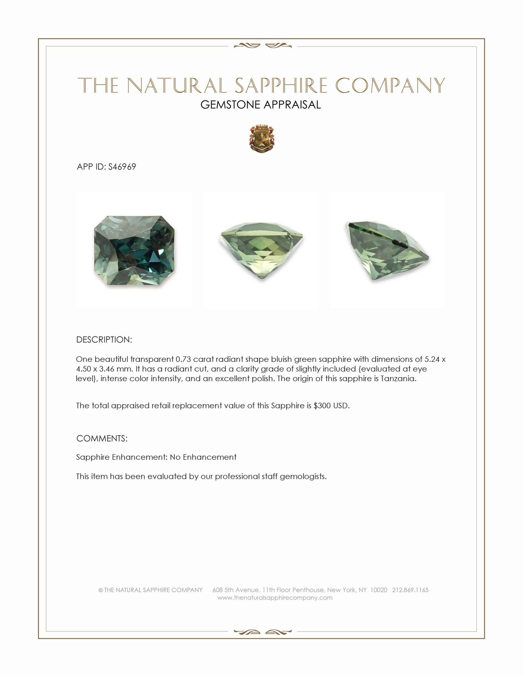 0.73 Ct. Bluish Green Sapphire from Tanzania