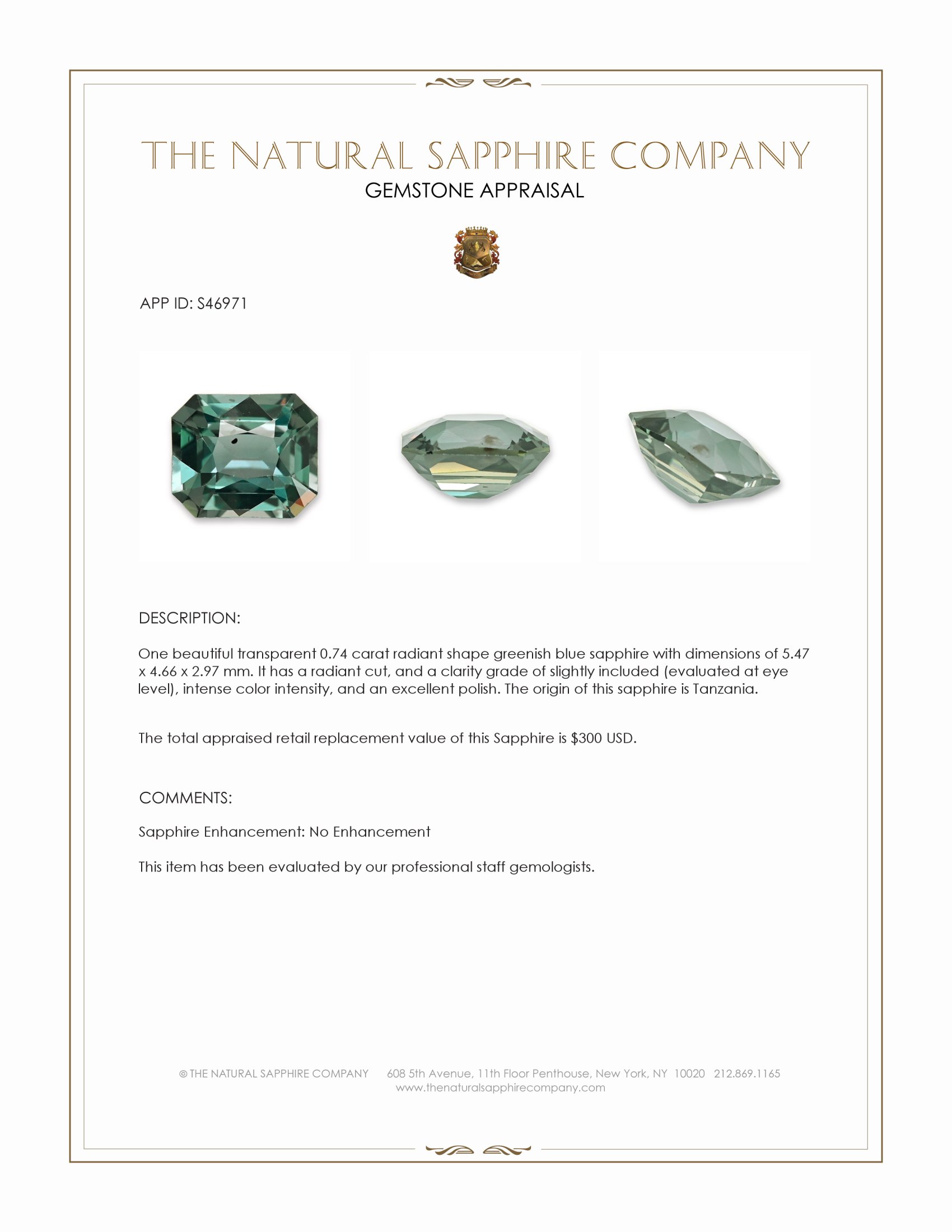 0.74 Ct. Greenish Blue Sapphire from Tanzania