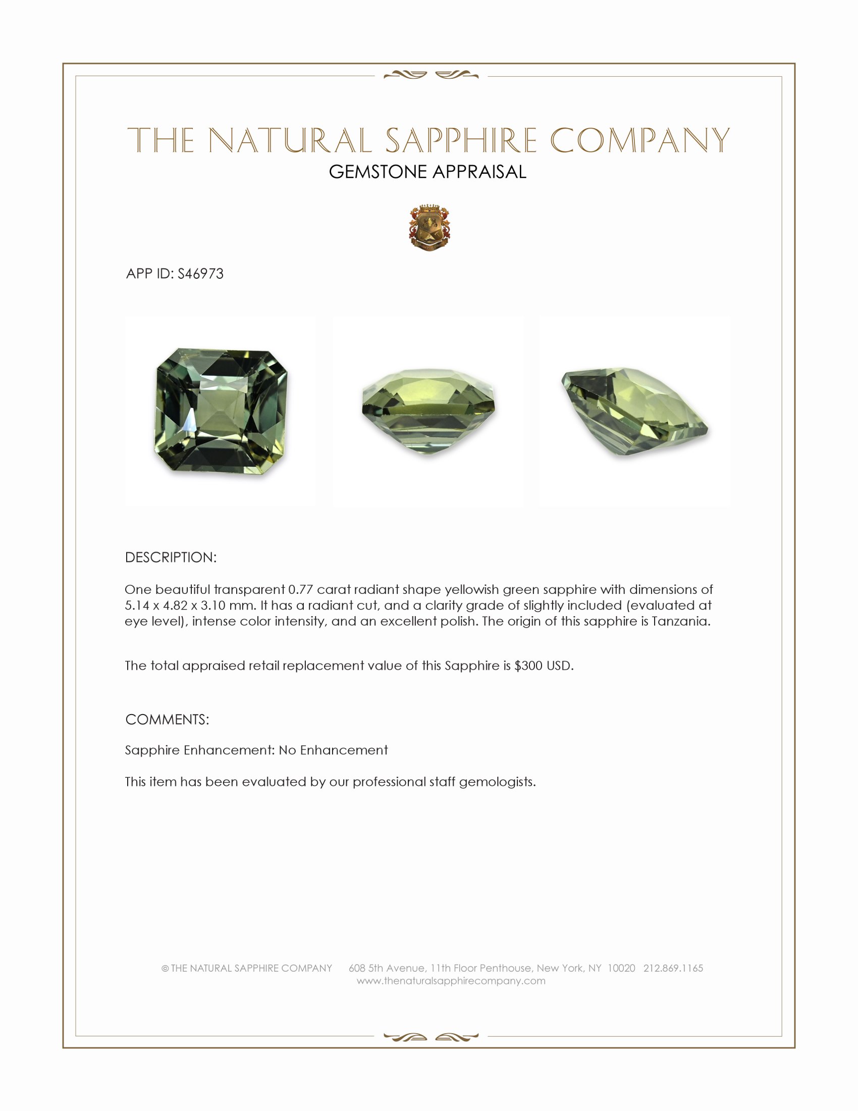 0.77 Ct. Yellowish Green Sapphire from Tanzania