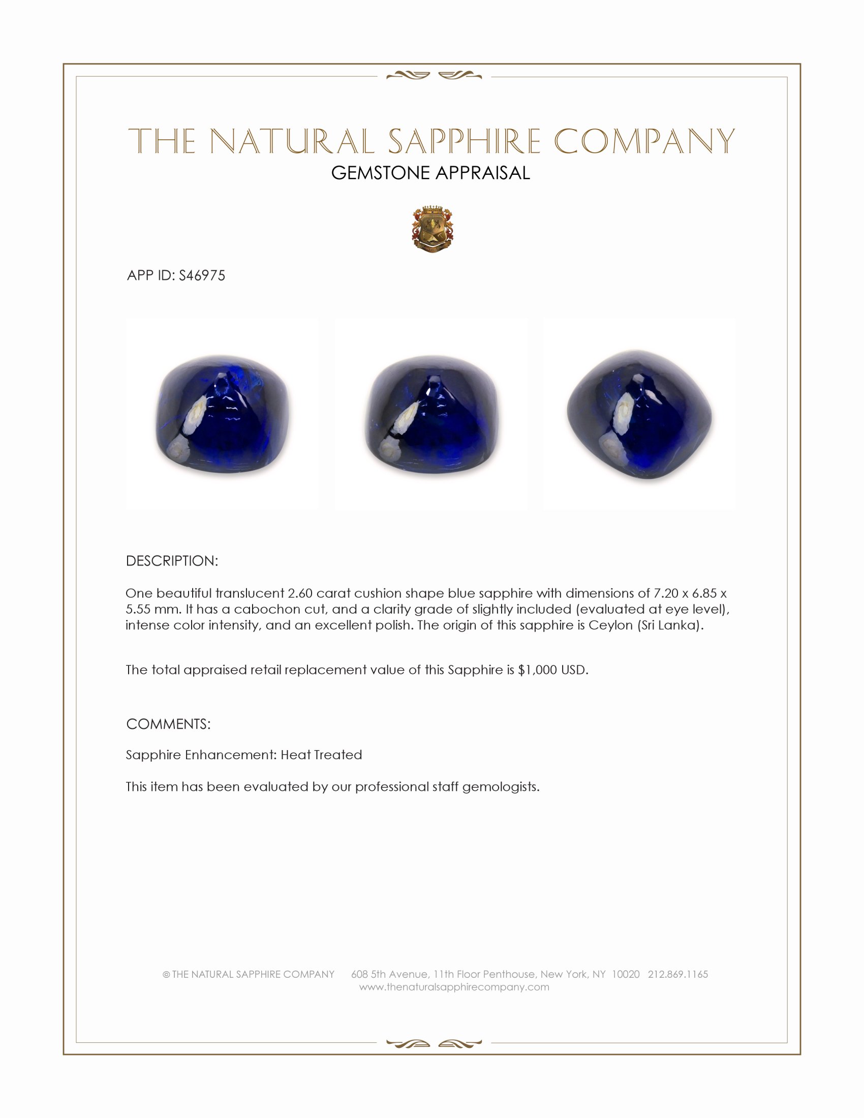 2.60 Ct. Blue Cabochon Sapphire from Ceylon (Sri Lanka)