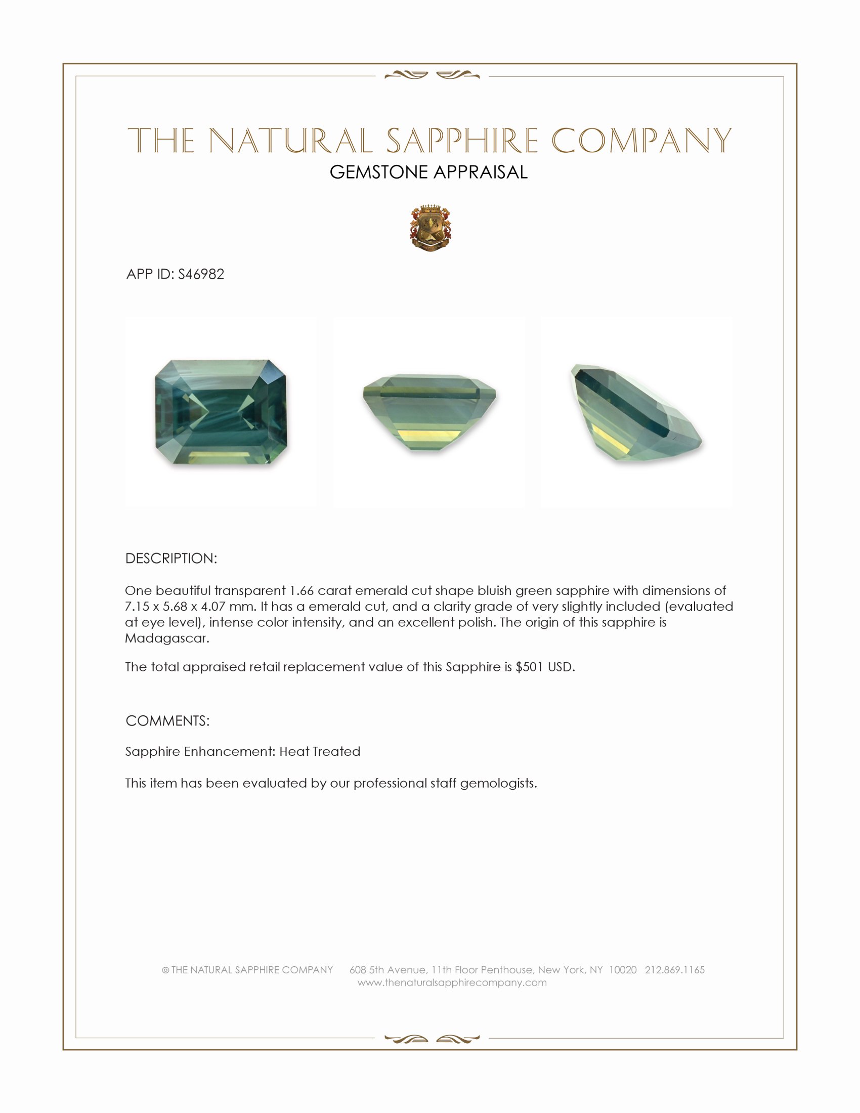 1.66 Ct. Bluish Green Sapphire from Madagascar