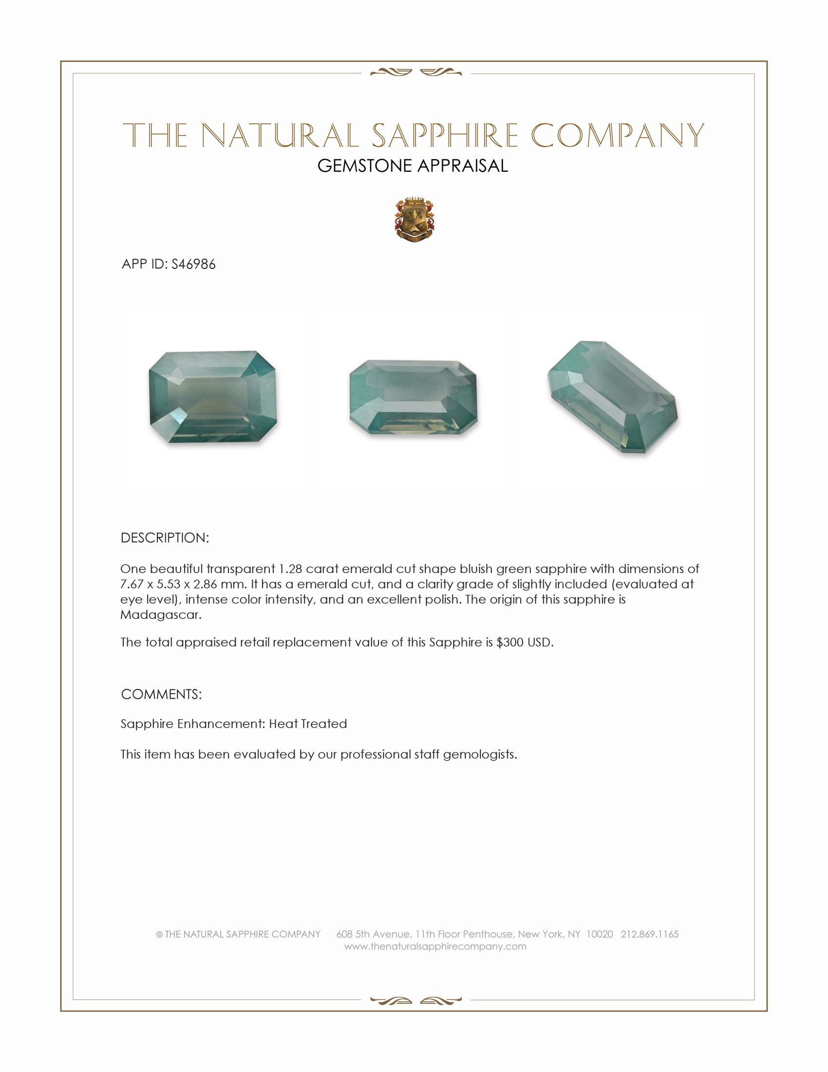 1.28 Ct. Bluish Green Sapphire from Madagascar