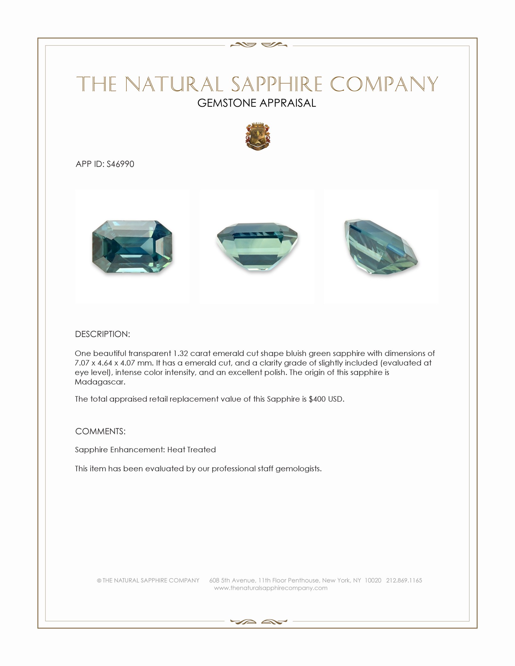 1.32 Ct. Bluish Green Sapphire from Madagascar
