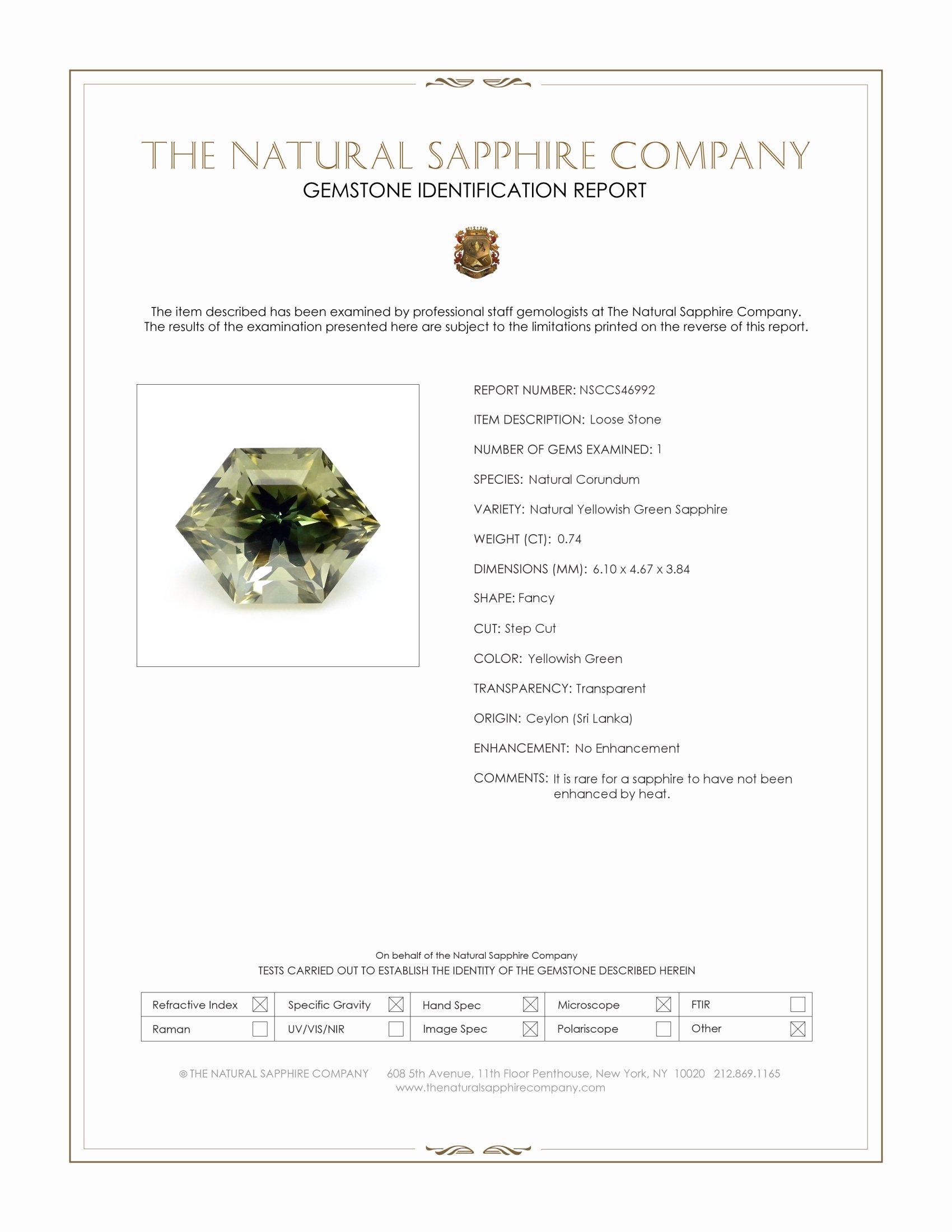 0.74 Ct. Yellowish Green Sapphire from Ceylon (Sri Lanka)