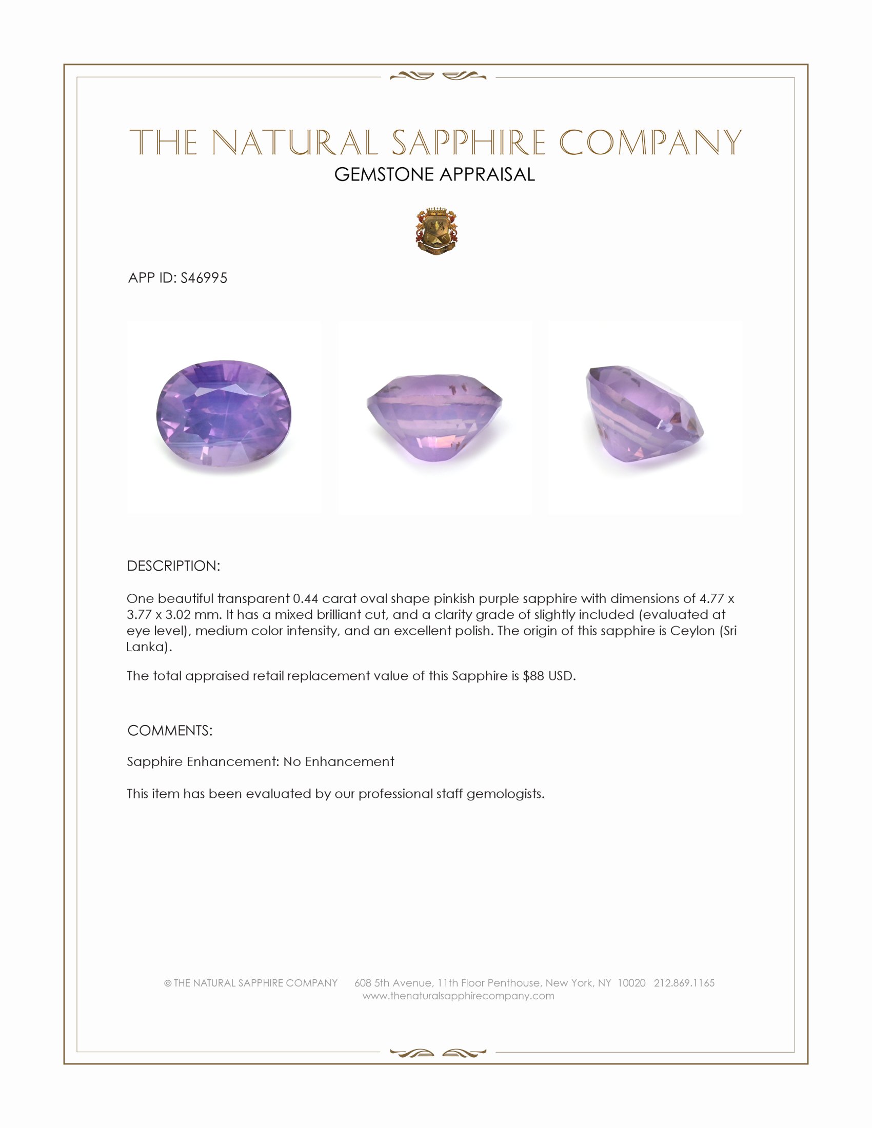 0.44 Ct. Pinkish Purple Sapphire from Ceylon (Sri Lanka)