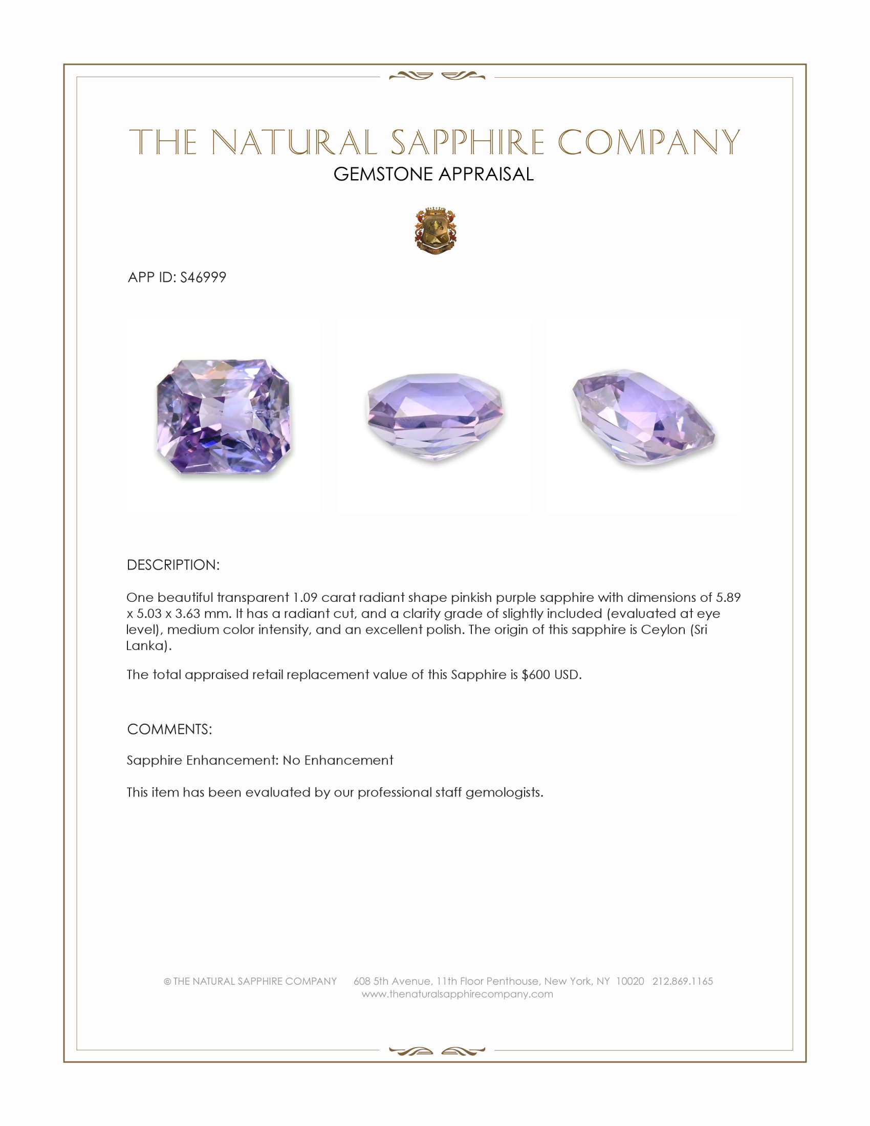 1.09 Ct. Pinkish Purple Sapphire from Ceylon (Sri Lanka)