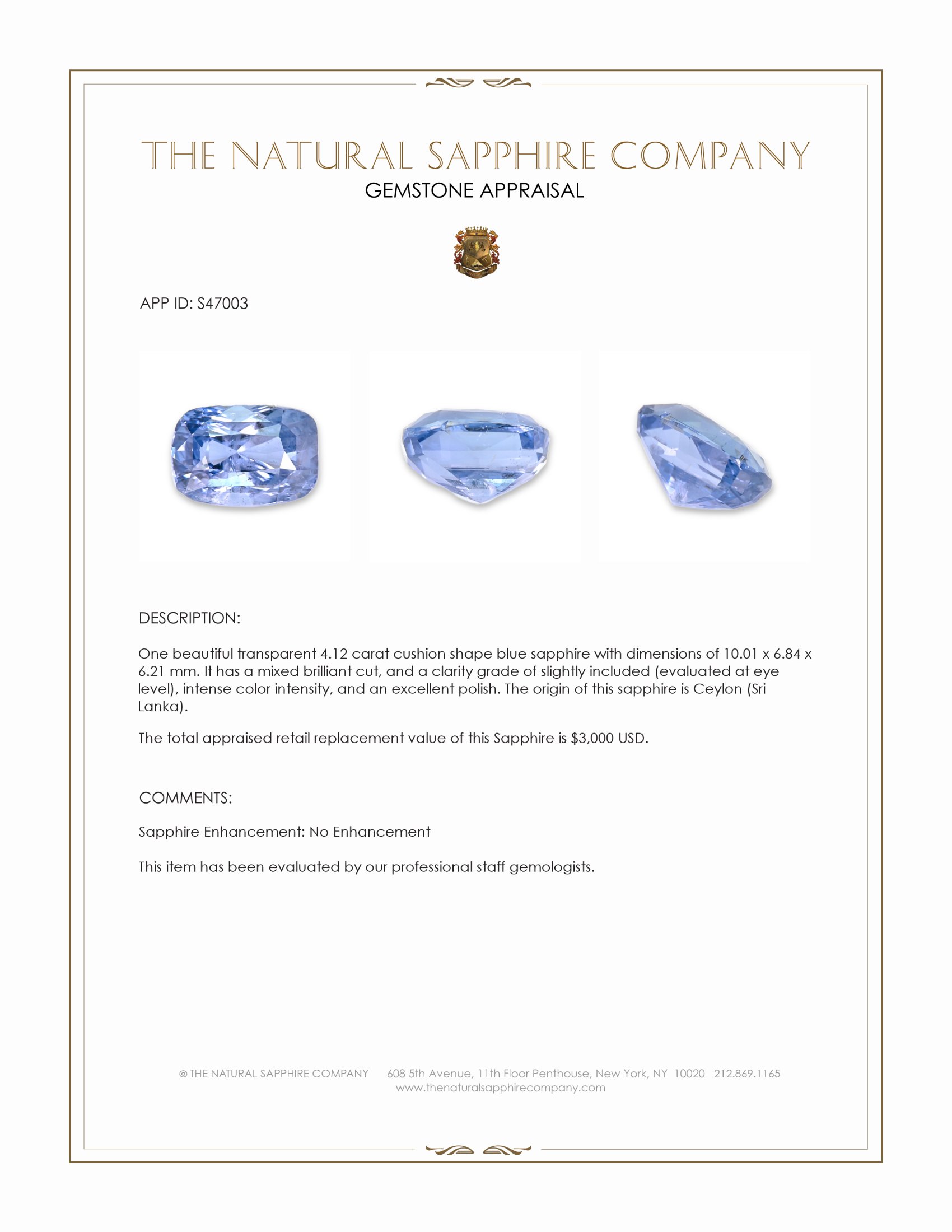 4.12 Ct. Blue Sapphire from Ceylon (Sri Lanka)