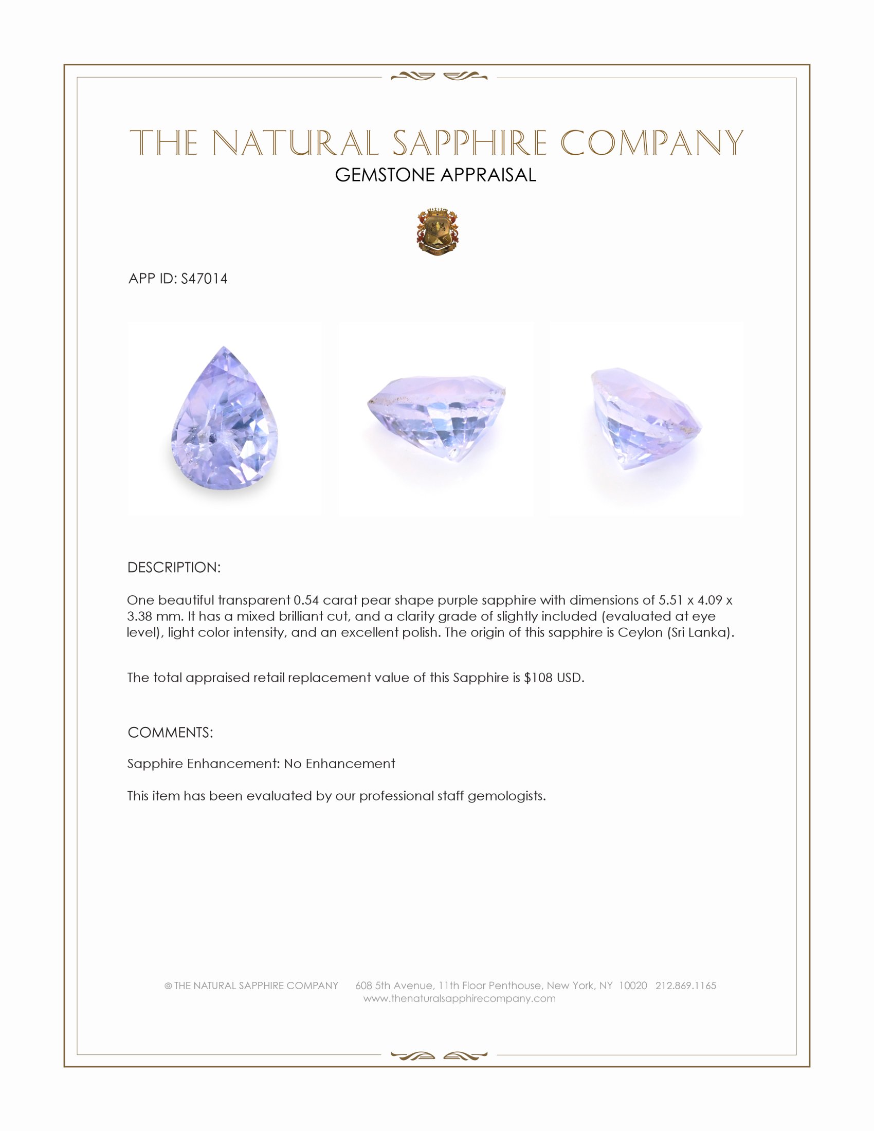 0.54 Ct. Purple Sapphire from Ceylon (Sri Lanka)
