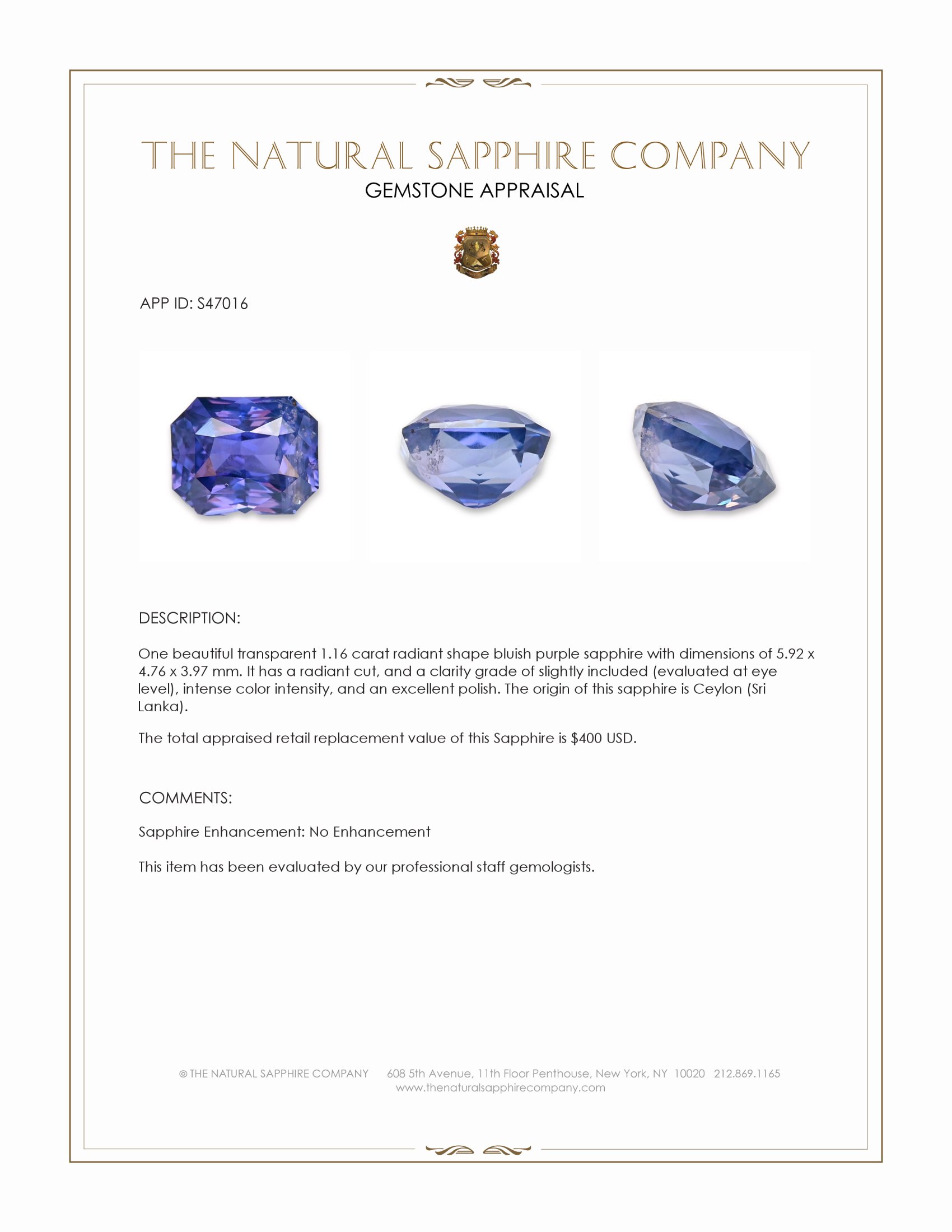 1.16 Ct. Bluish Purple Sapphire from Ceylon (Sri Lanka)